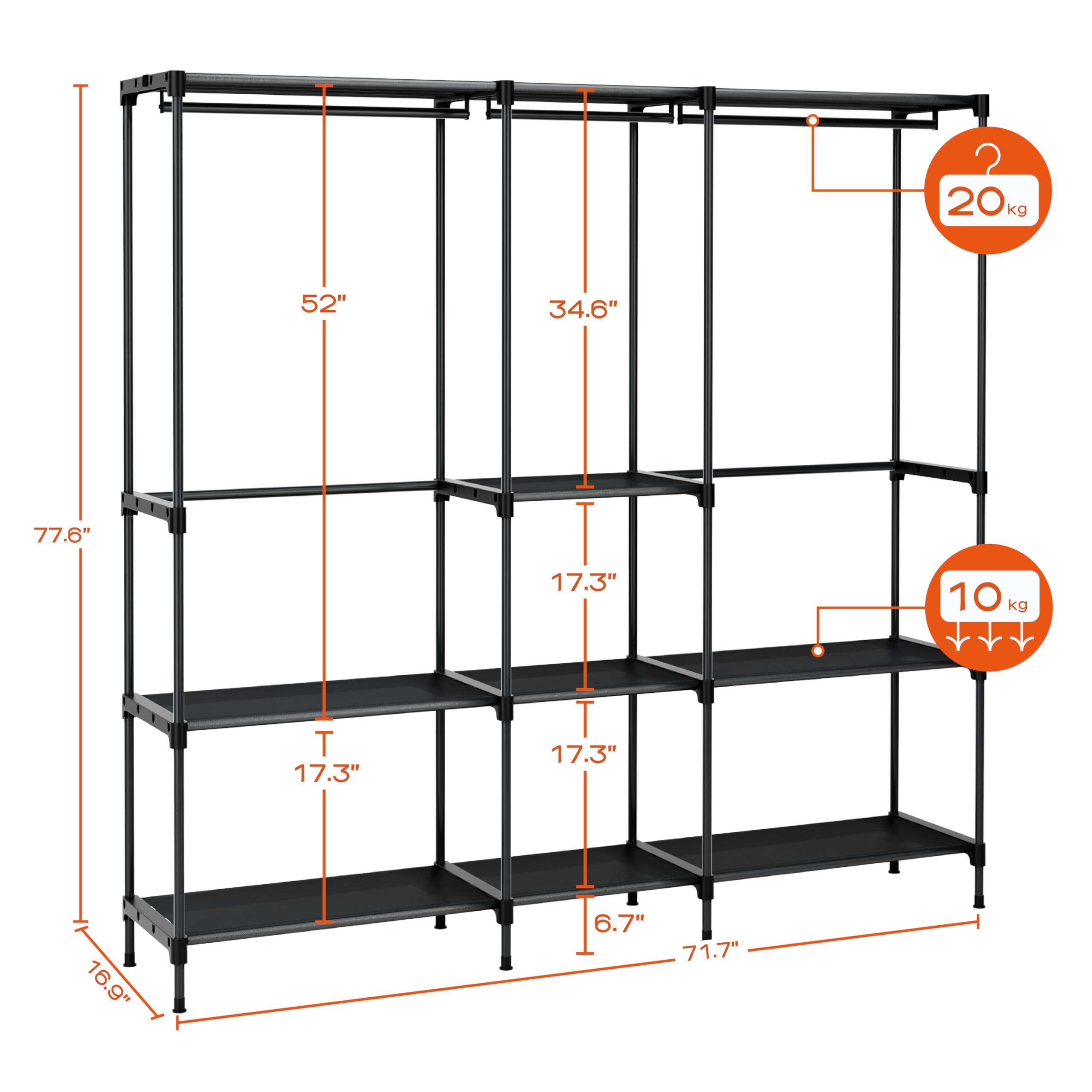 Portable Closet,  Clothes Storage Organizer with Shelves and 5 Hanging Rods, Easy to Assembly