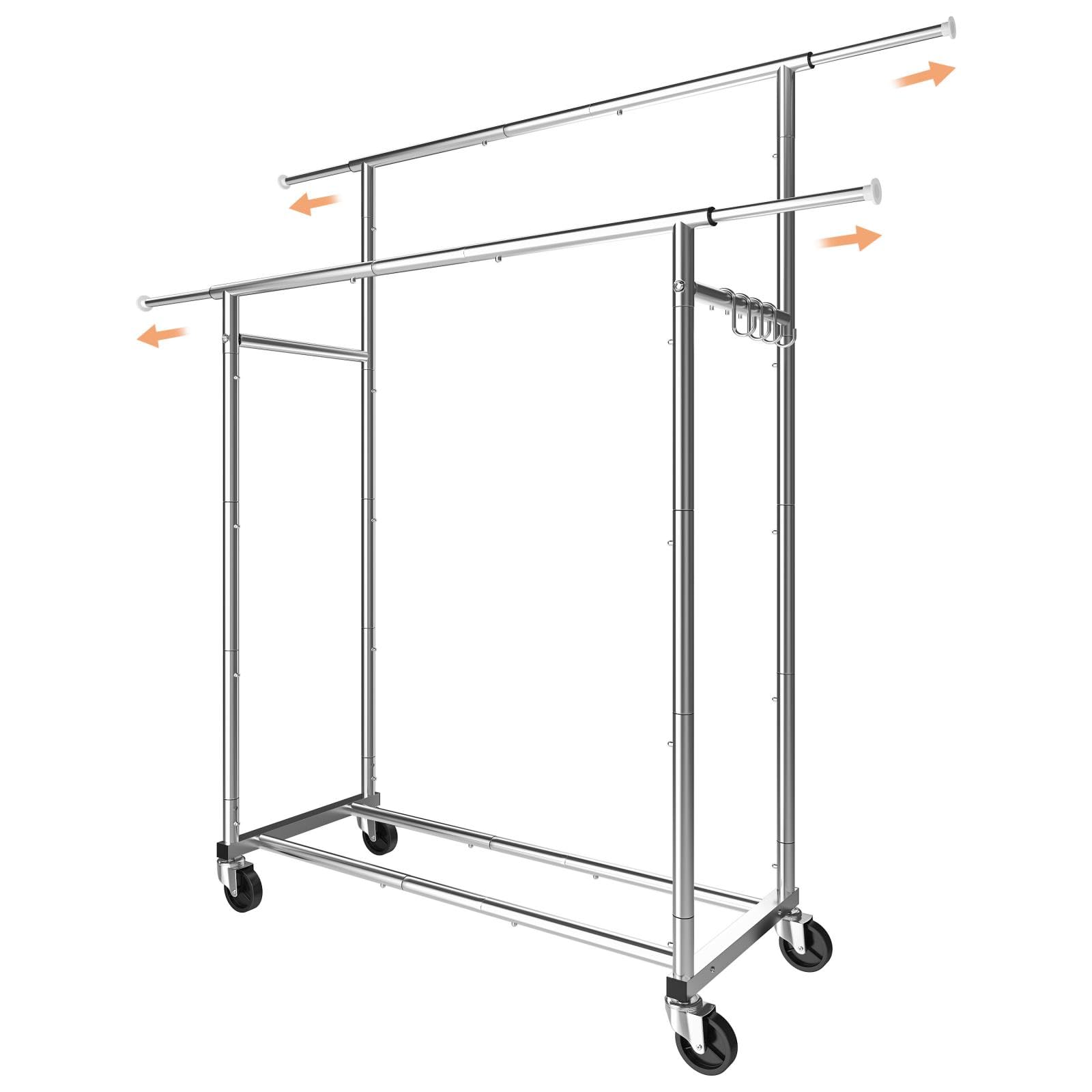 改Simple Trending Double Rod Clothing Garment Rack, Rolling Clothes Organizer on Wheels for Hanging Clothes,with 4 hooks, Chrome
