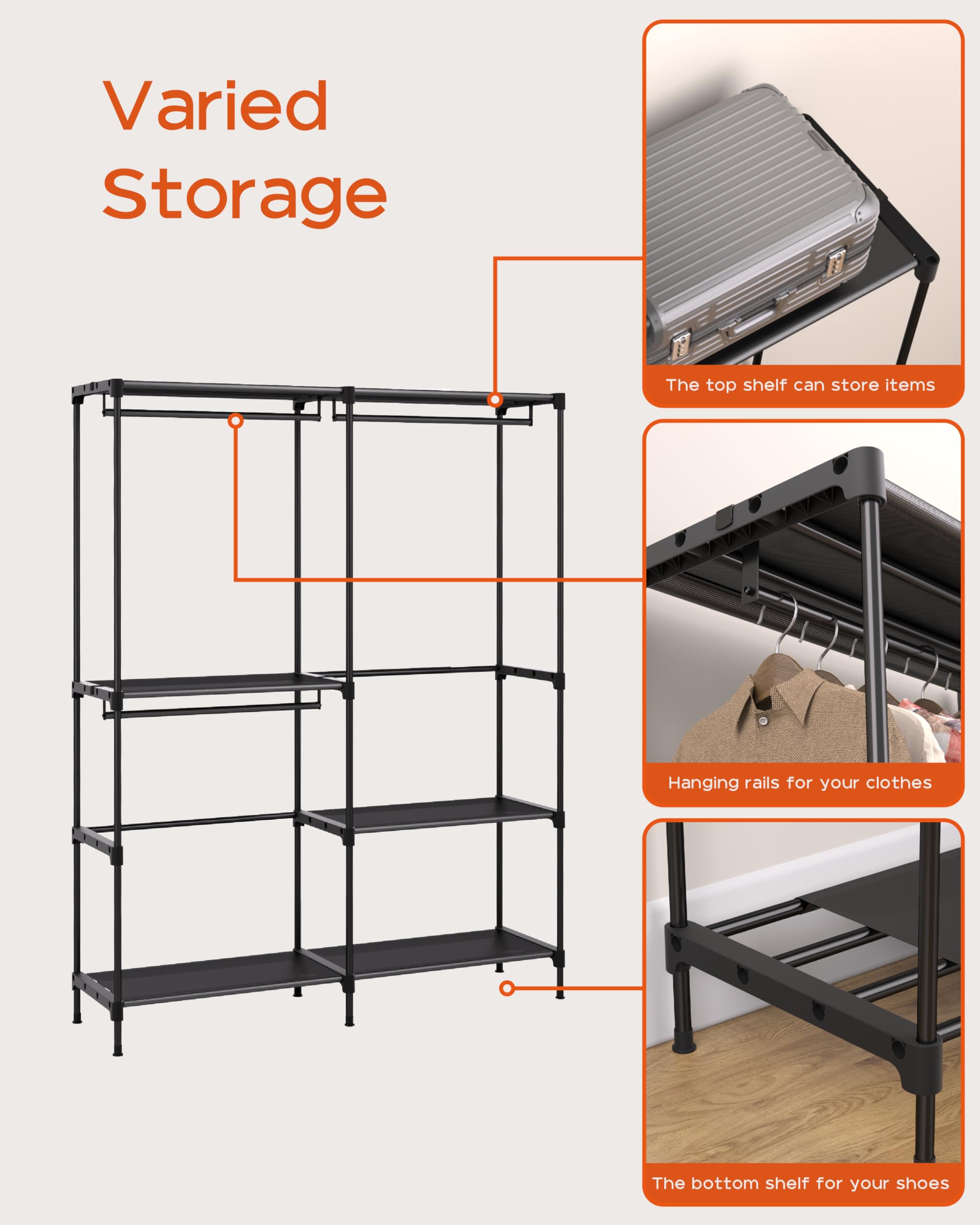 改Clothes Rack, Portable Closet, 80.7 Inch Extra Large Capacity Wardrobe Closet, Clothes Storage Organizer with Shelves and 5 Hanging Rods, Easy to Assembly, Black PCT036B01