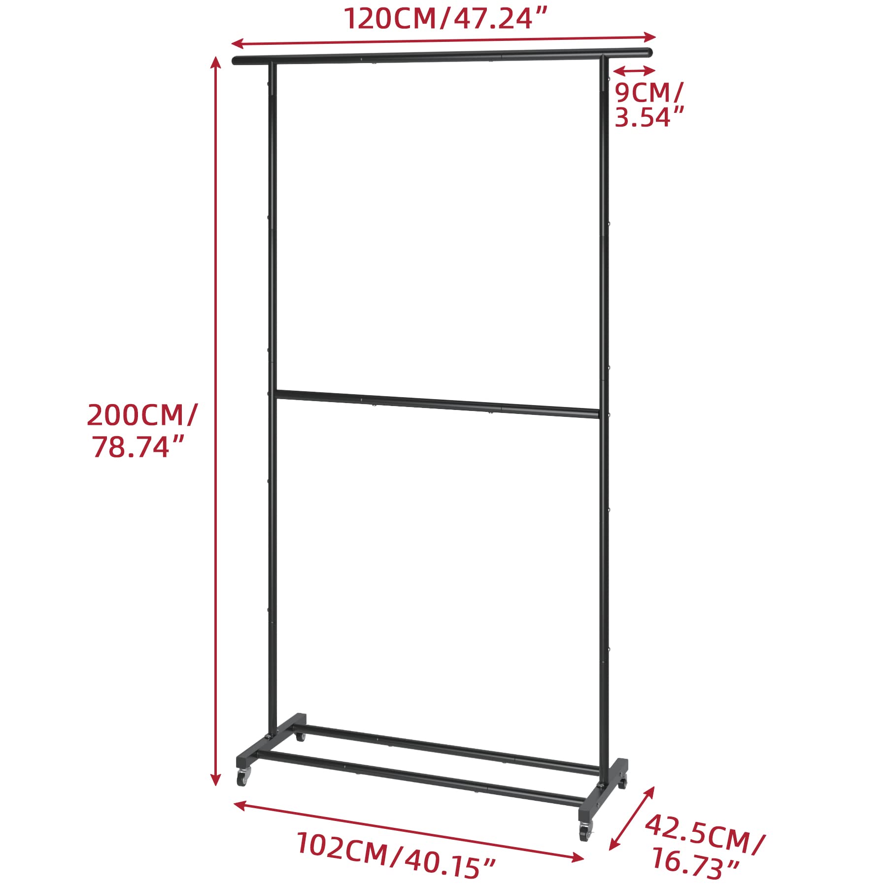 Double Rod Clothing Garment Rack, Rolling Clothes Organizer on Wheels for Hanging Clothes, Easy to Assemble, Adjustable