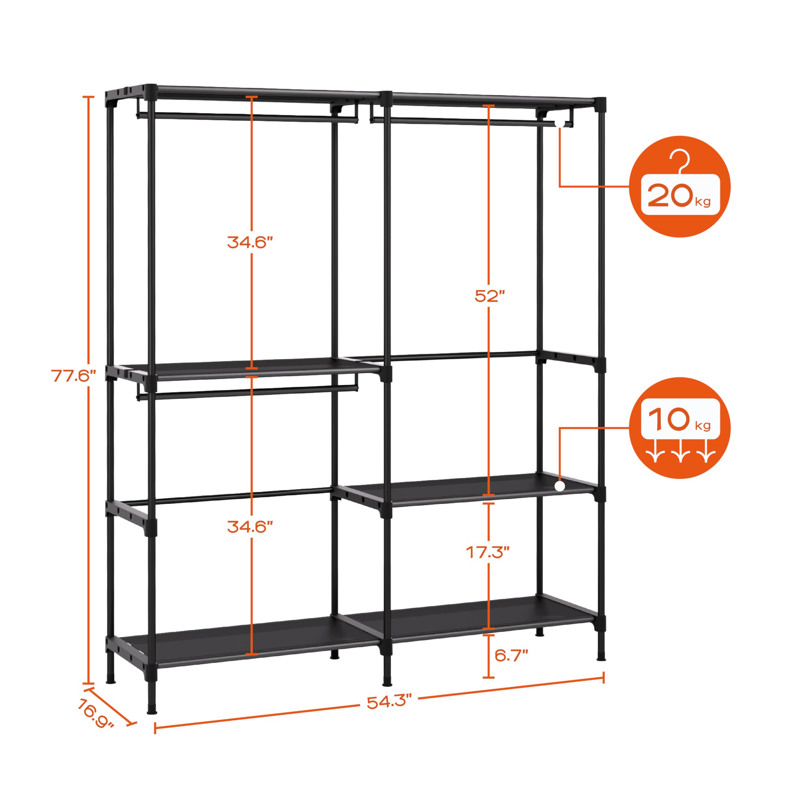 改Clothes Rack, Portable Closet, 80.7 Inch Extra Large Capacity Wardrobe Closet, Clothes Storage Organizer with Shelves and 5 Hanging Rods, Easy to Assembly, Black PCT036B01