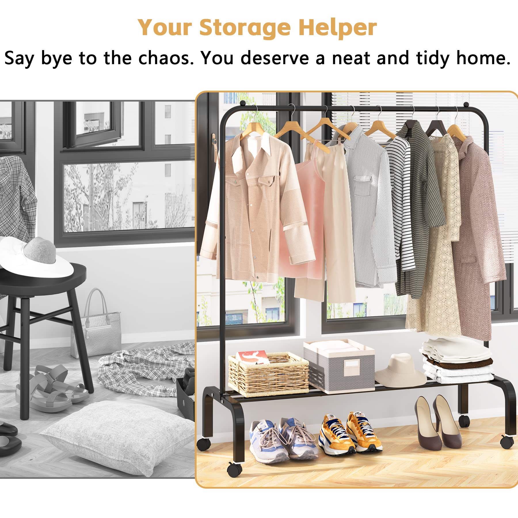 改Clothes Rack Metal Clothing Rack with Bottom Shelf Garment Rack for Hanging Clothes Shirts Jeans and Coats Black