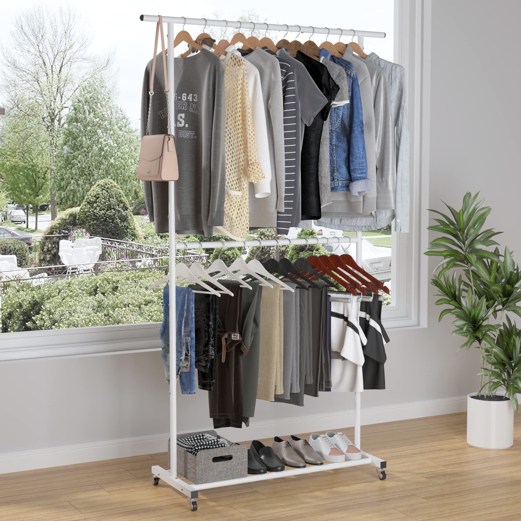 改Sywhitta Double Rod Clothing Garment Rack, Rolling Clothes Organizer on Wheels for Hanging Clothes, Easy to Assemble, Adjustable, Black