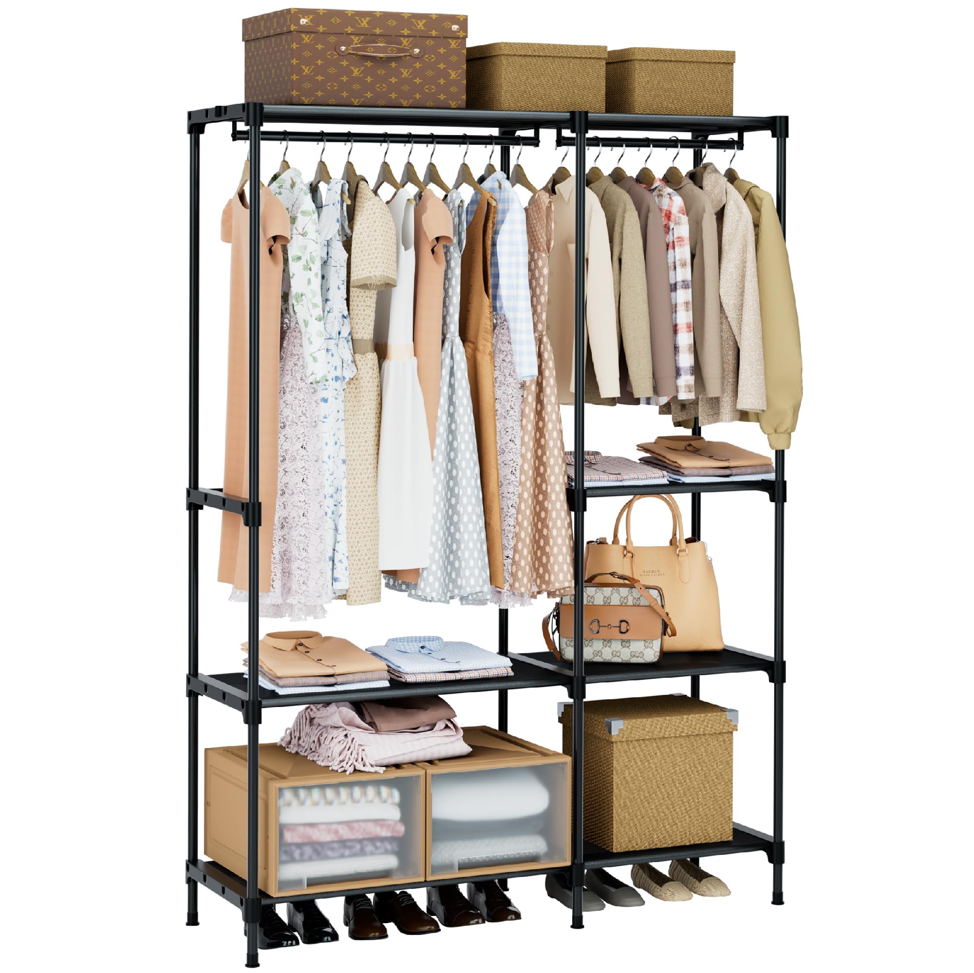 改Clothes Rack, Portable Closet, 80.7 Inch Extra Large Capacity Wardrobe Closet, Clothes Storage Organizer with Shelves and 5 Hanging Rods, Easy to Assembly, Black PCT036B01