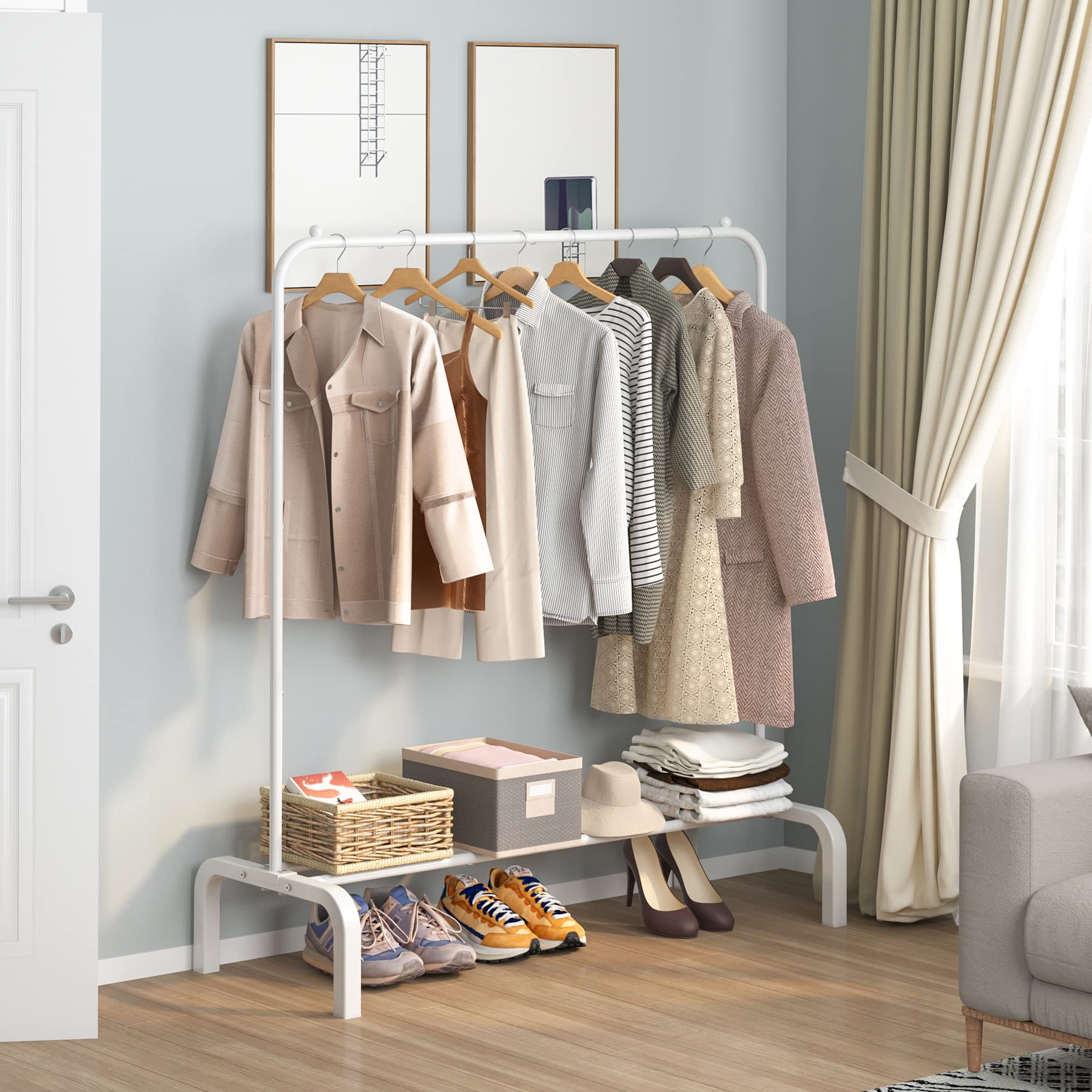 Clothes Rack Metal Clothing Rack with Bottom Shelf Garment Rack for Hanging Clothes Shirts Jeans and Coats