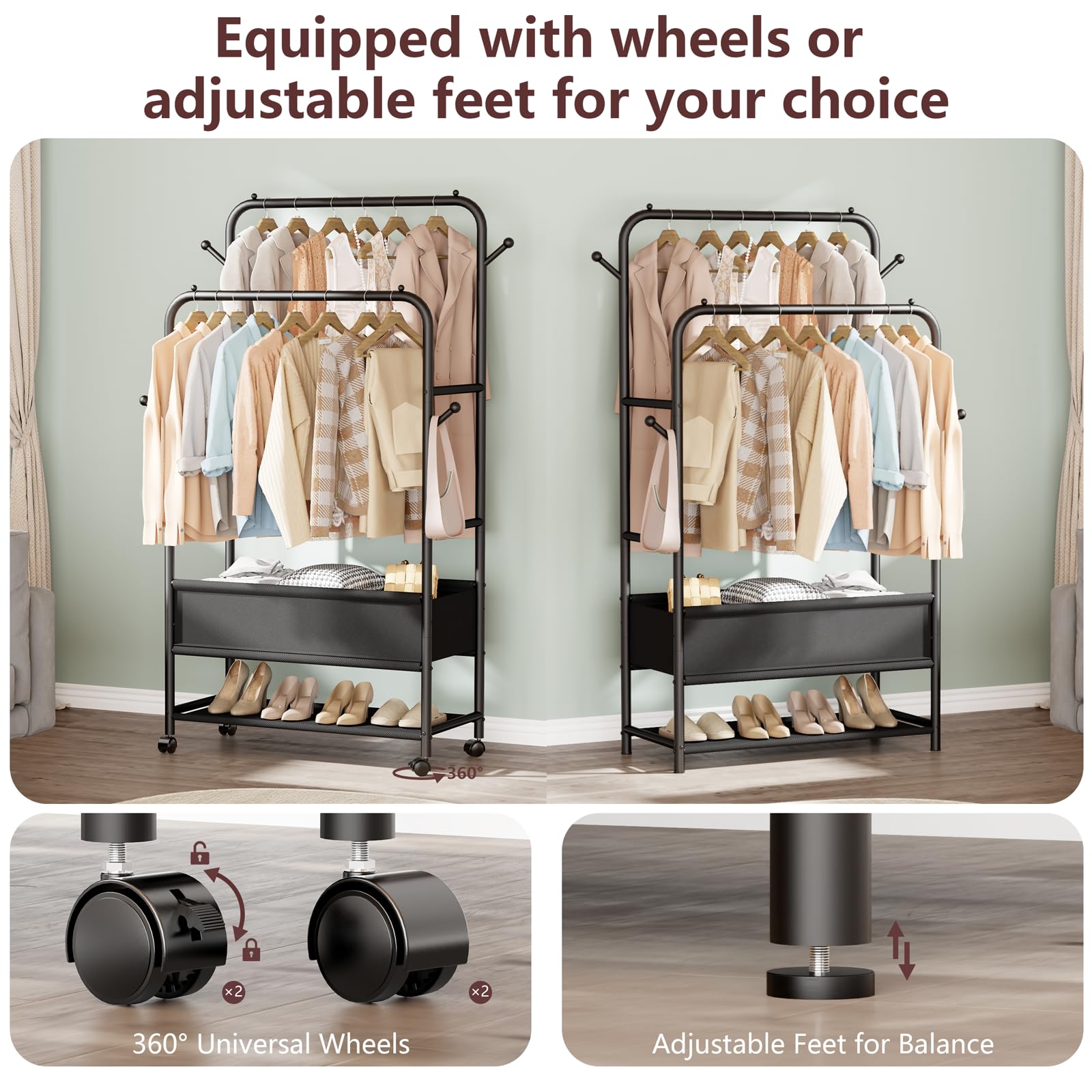 改Furologee Double Rods Clothing Rack with Wheels and 3-Tier Storage Shelf, Clothes Rack for Hanging Clothes with 4 Hooks, Portable Garment Rack Wardrobe Organizer for Bedroom/Living Room, Black