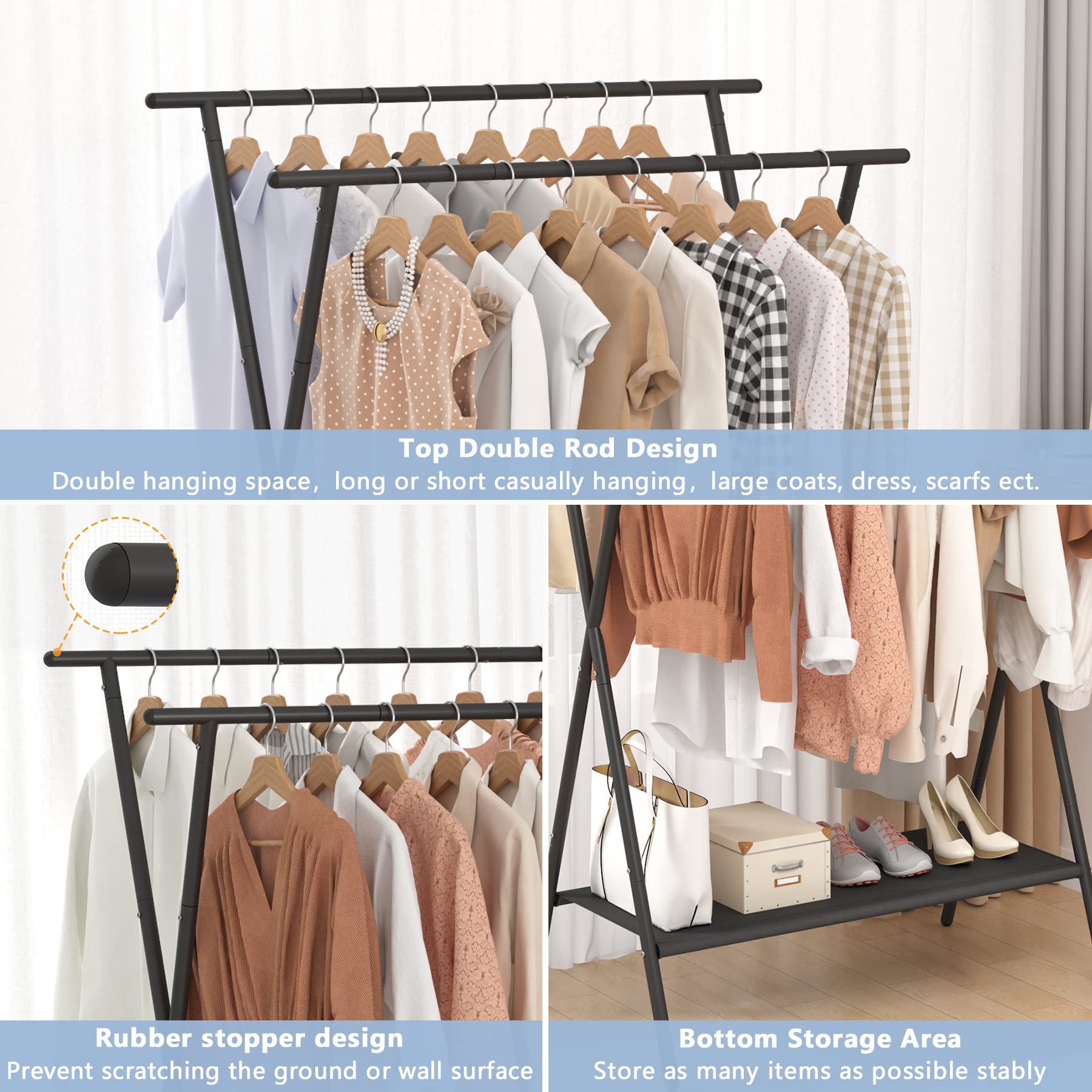 改Laiensia Double Rods Clothing Racks for Hanging Clothes,Portable Clothing Hanging Garment Rack with Bottom Oxford Cloth Shelves,Black