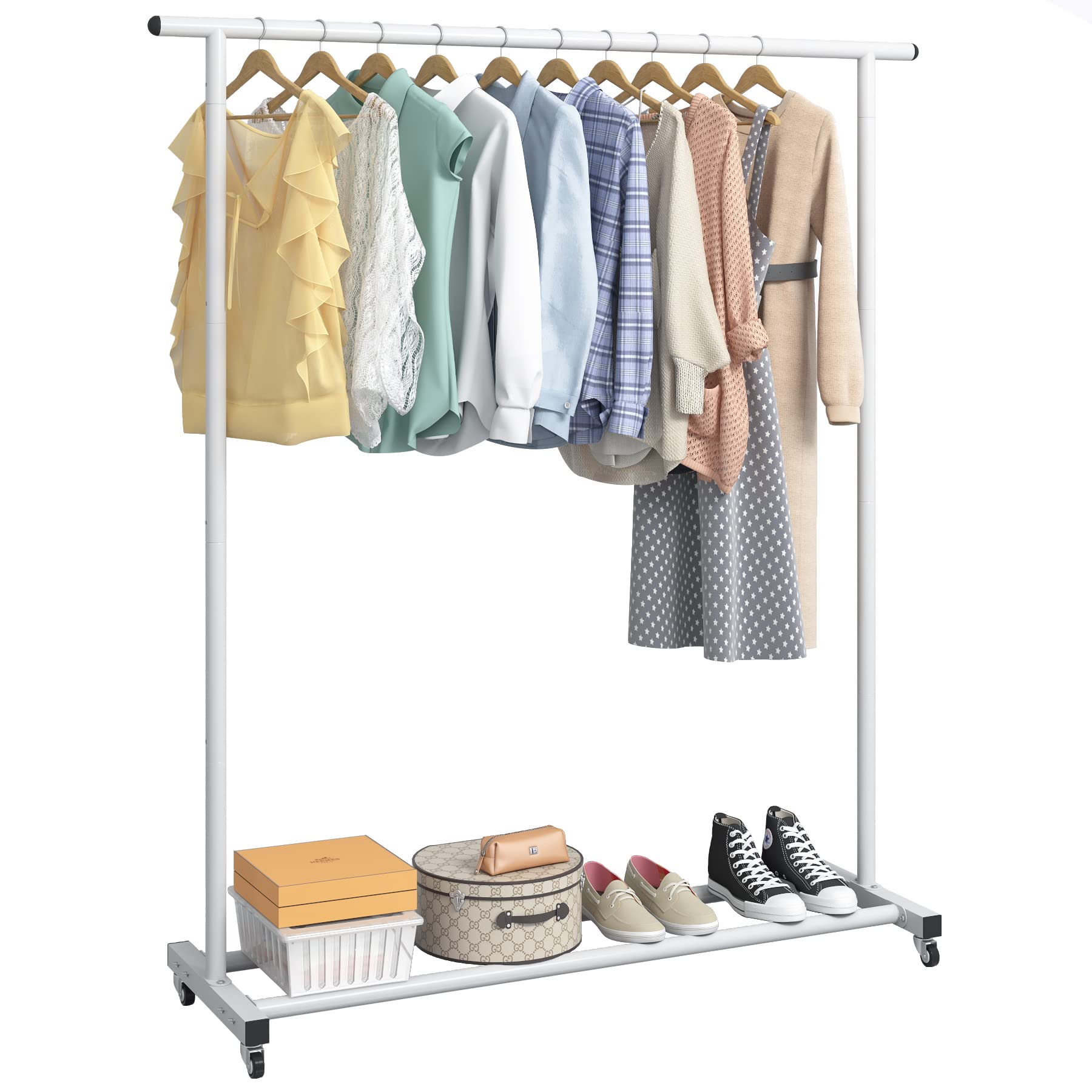 改Buzowruil Clothing Rack Clothes Rack Standard Rod Simple Rolling Metal Garment Rack Organizer Freestanding Hanger with Wheels,White