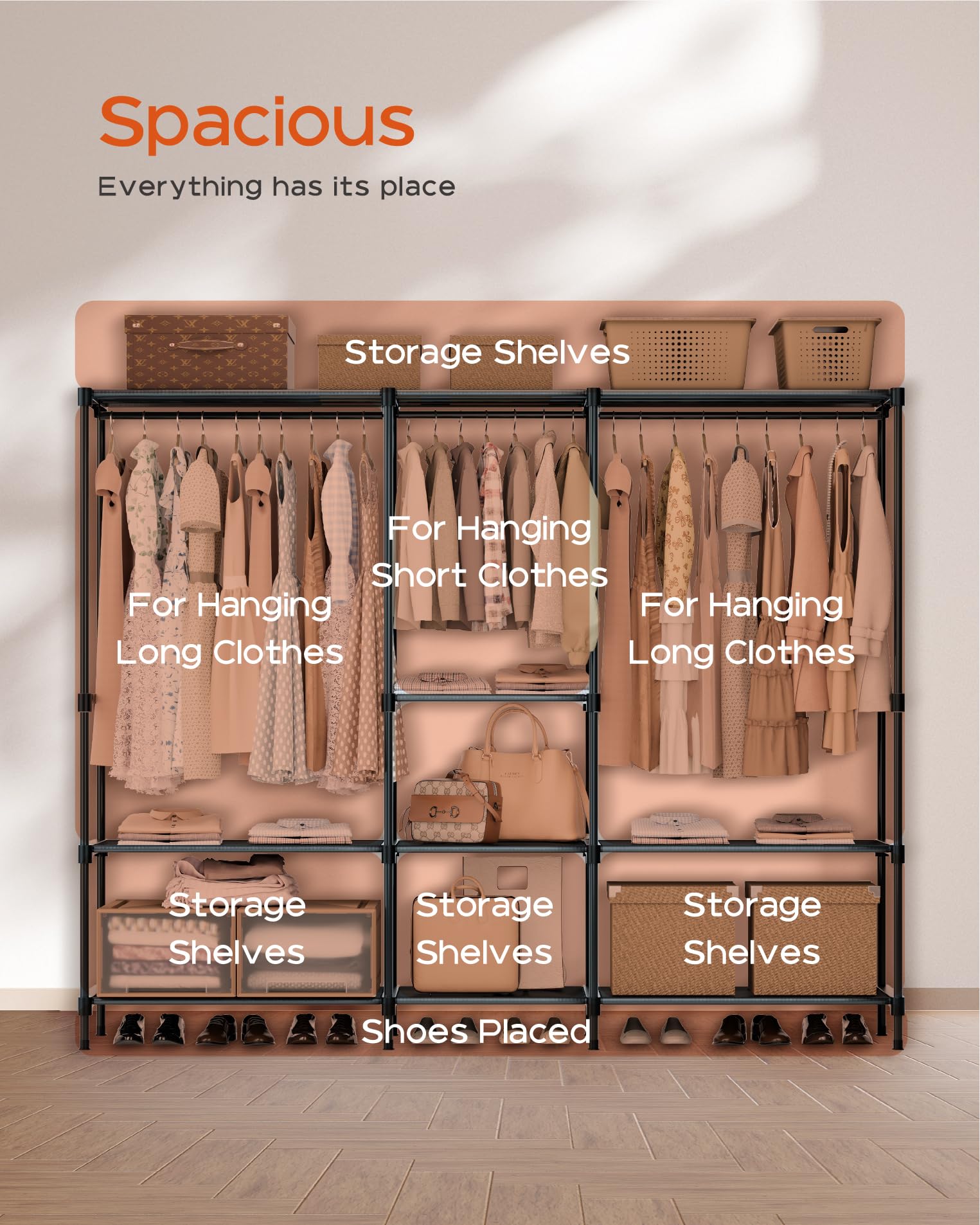 Portable Closet,  Clothes Storage Organizer with Shelves and 5 Hanging Rods, Easy to Assembly
