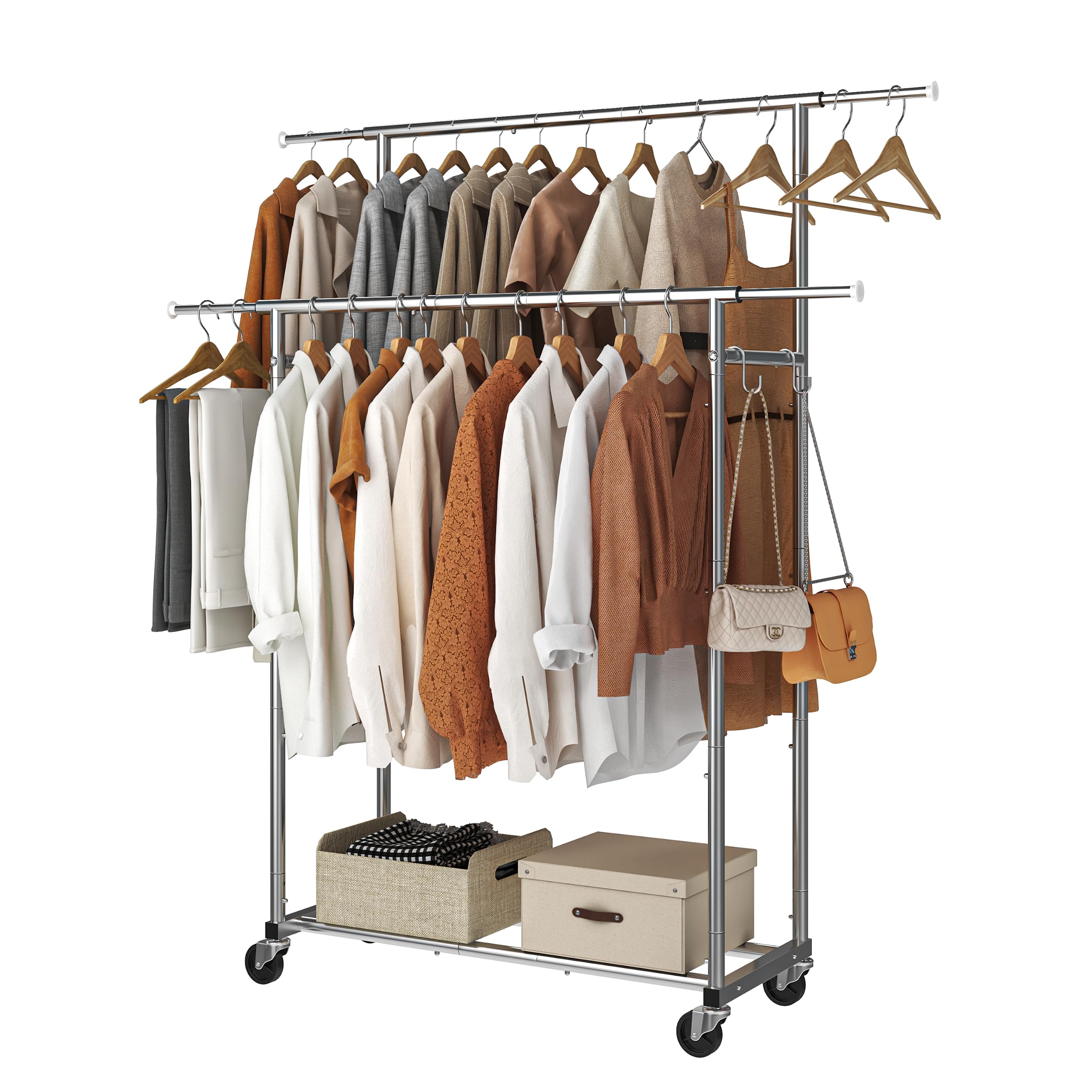 改Simple Trending Double Rod Clothing Garment Rack, Rolling Clothes Organizer on Wheels for Hanging Clothes,with 4 hooks, Chrome
