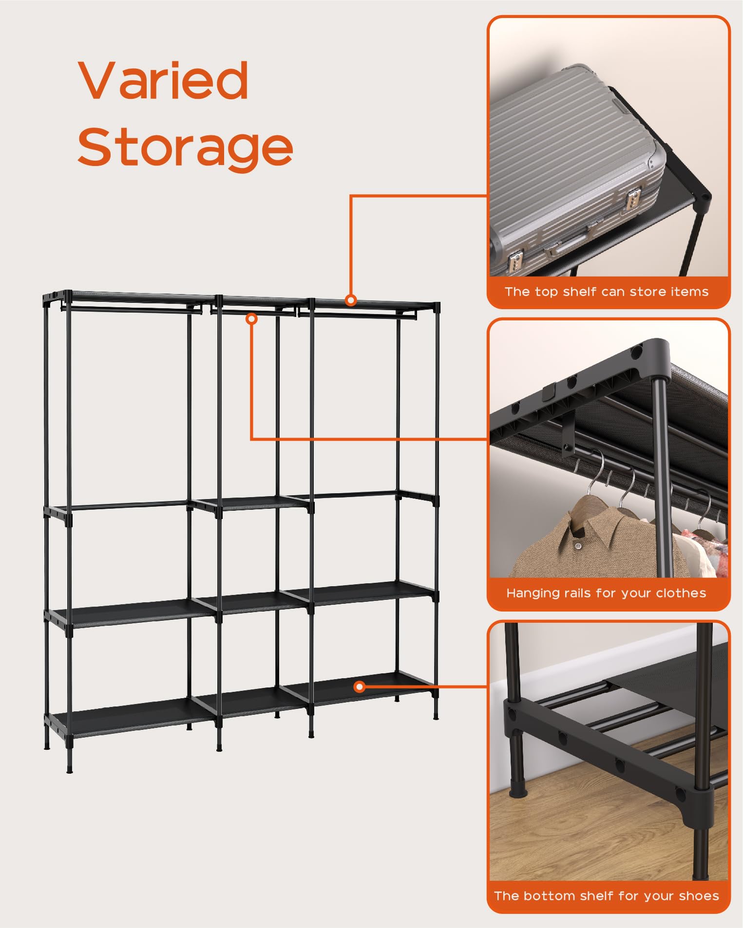 Portable Closet,  Clothes Storage Organizer with Shelves and 5 Hanging Rods, Easy to Assembly