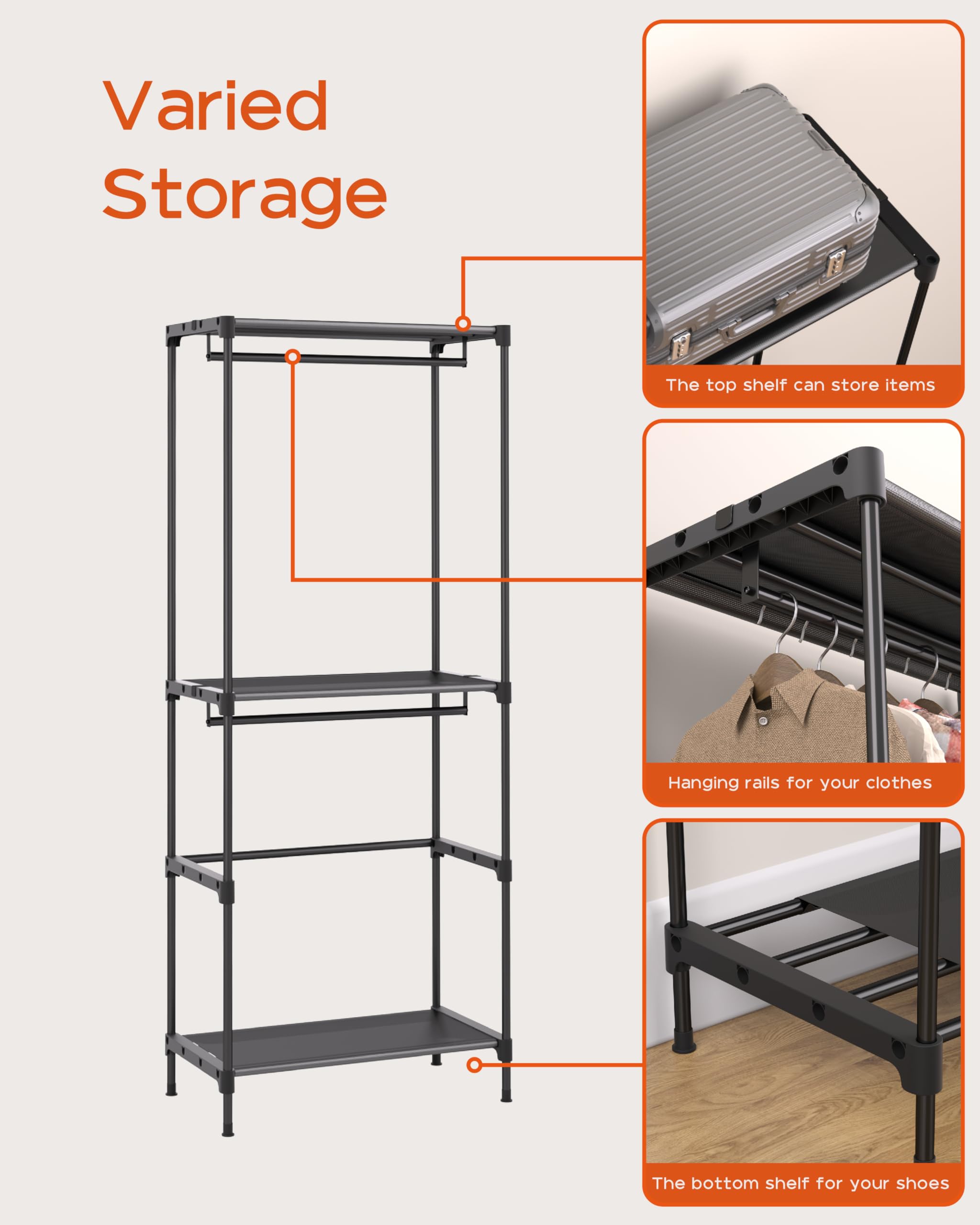 Portable Closet,  Clothes Storage Organizer with Shelves and 5 Hanging Rods, Easy to Assembly