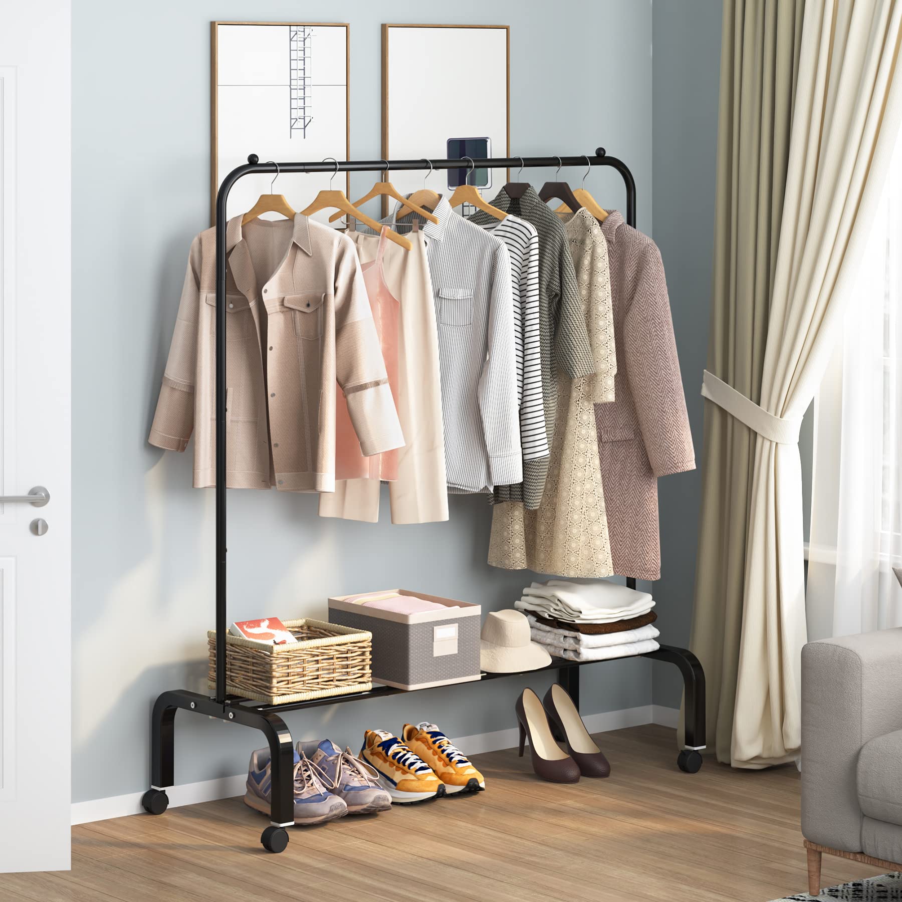 改Clothes Rack Metal Clothing Rack with Bottom Shelf Garment Rack for Hanging Clothes Shirts Jeans and Coats Black