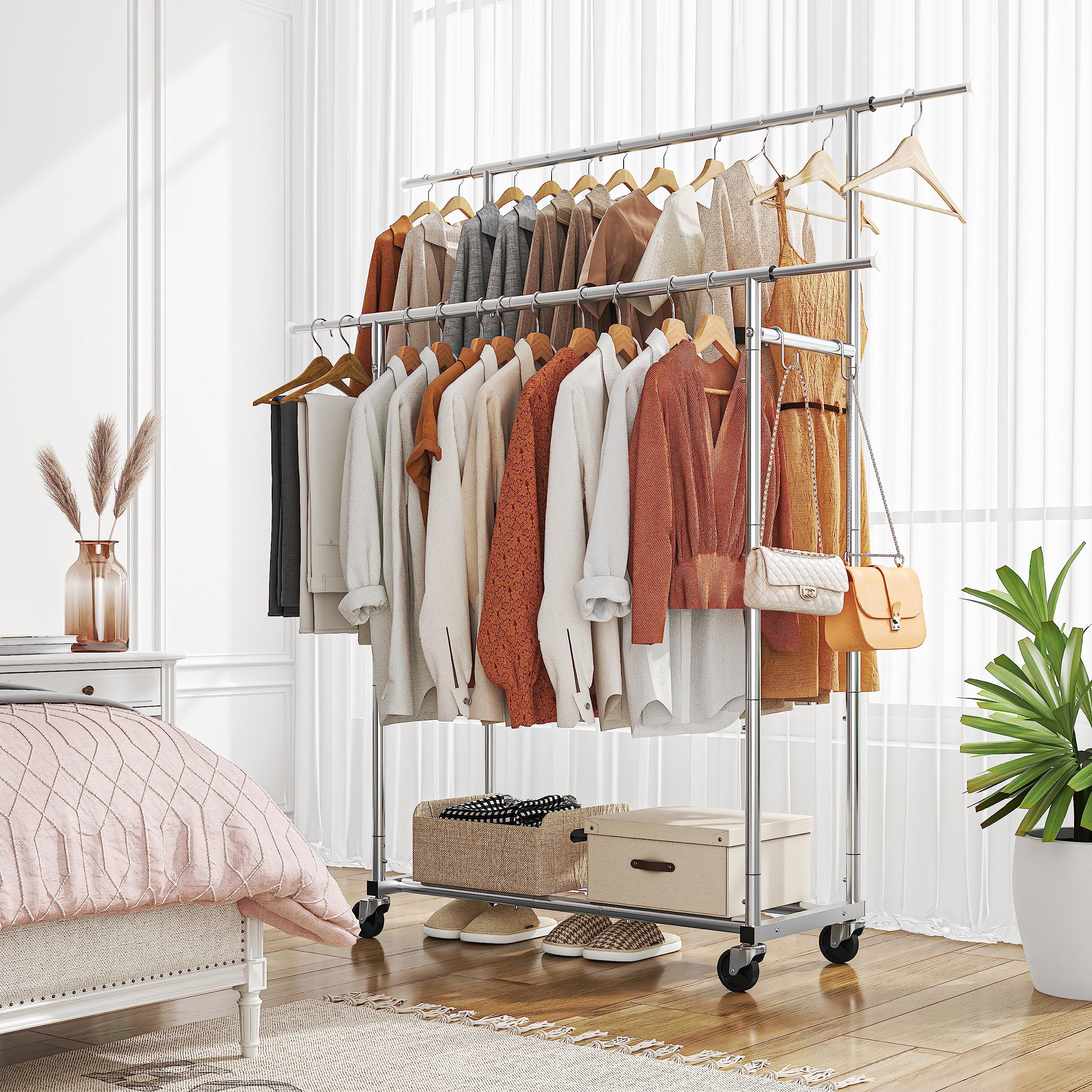 改Simple Trending Double Rod Clothing Garment Rack, Rolling Clothes Organizer on Wheels for Hanging Clothes,with 4 hooks, Chrome