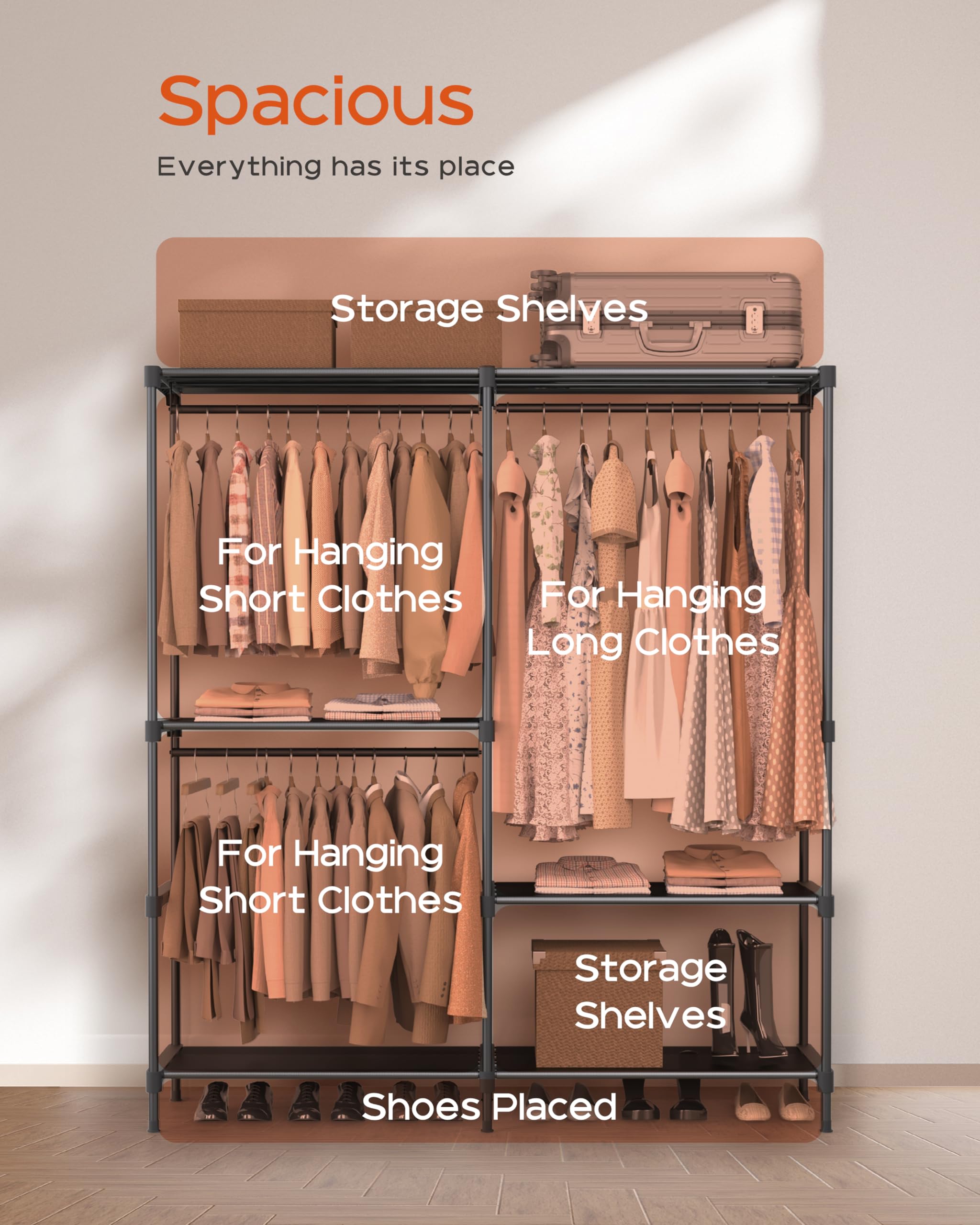 改Clothes Rack, Portable Closet, 80.7 Inch Extra Large Capacity Wardrobe Closet, Clothes Storage Organizer with Shelves and 5 Hanging Rods, Easy to Assembly, Black PCT036B01