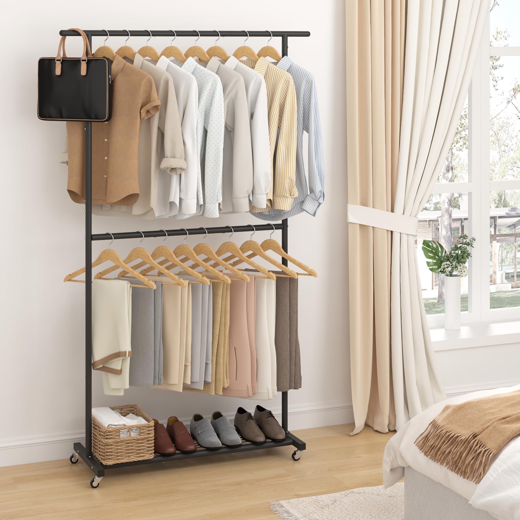 Double Rod Clothing Garment Rack, Rolling Clothes Organizer on Wheels for Hanging Clothes, Easy to Assemble, Adjustable