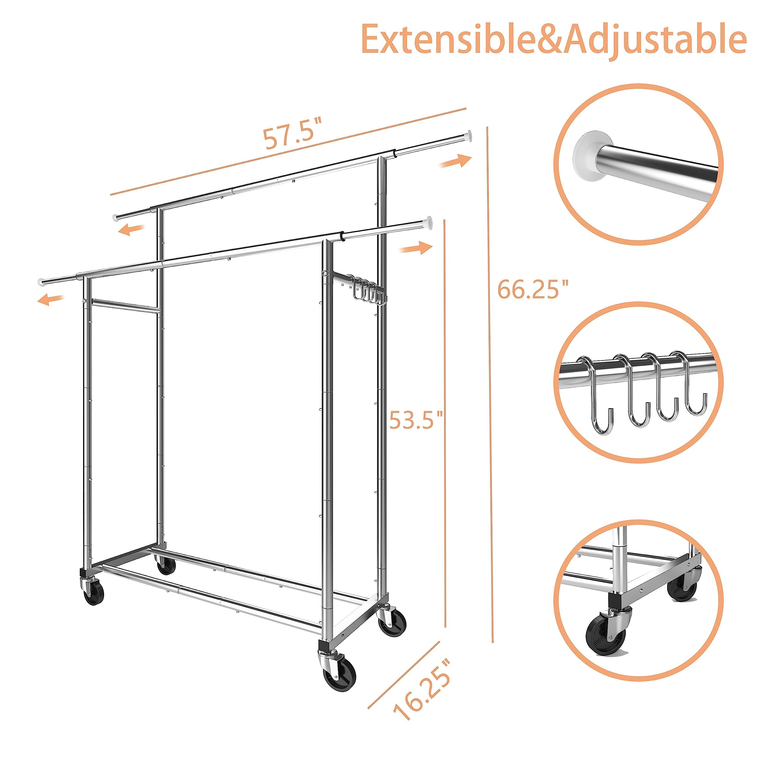 改Simple Trending Double Rod Clothing Garment Rack, Rolling Clothes Organizer on Wheels for Hanging Clothes,with 4 hooks, Chrome