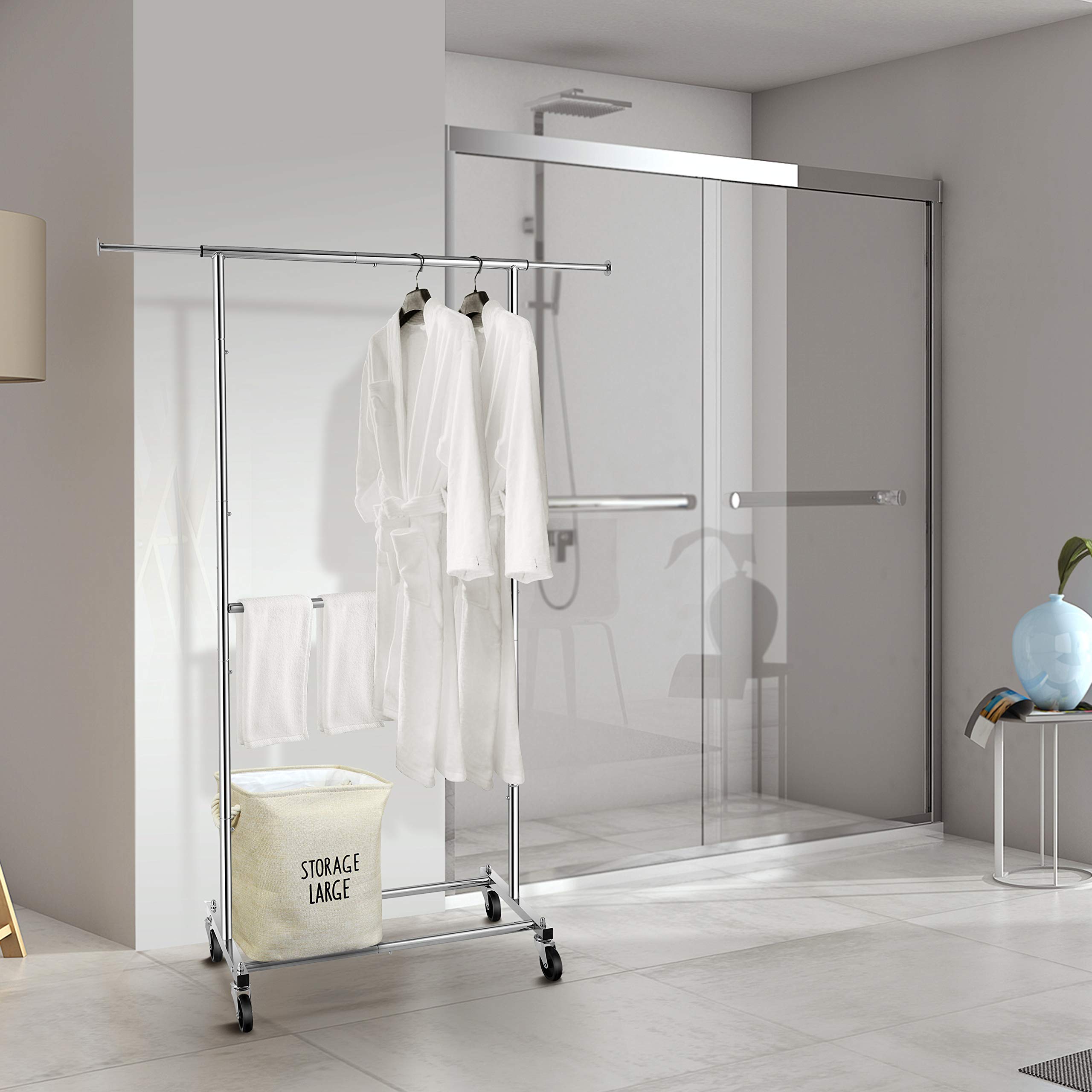 改Simple Trending Double Rod Clothing Garment Rack, Rolling Clothes Organizer on Wheels for Hanging Clothes, Chrome