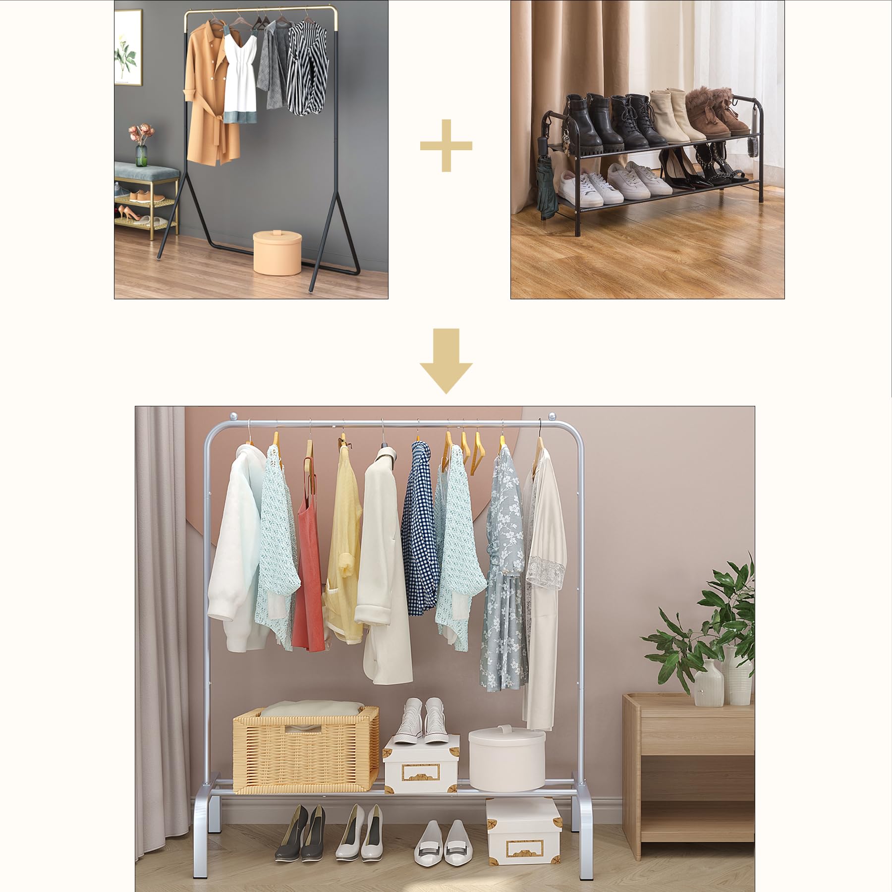 改JIUYOTREE Metal 43.3 Inches Garment Rack with Bottom Shelf Clothing Rack for Hanging Clothes Coats Skirts Shirts Sweaters Gold