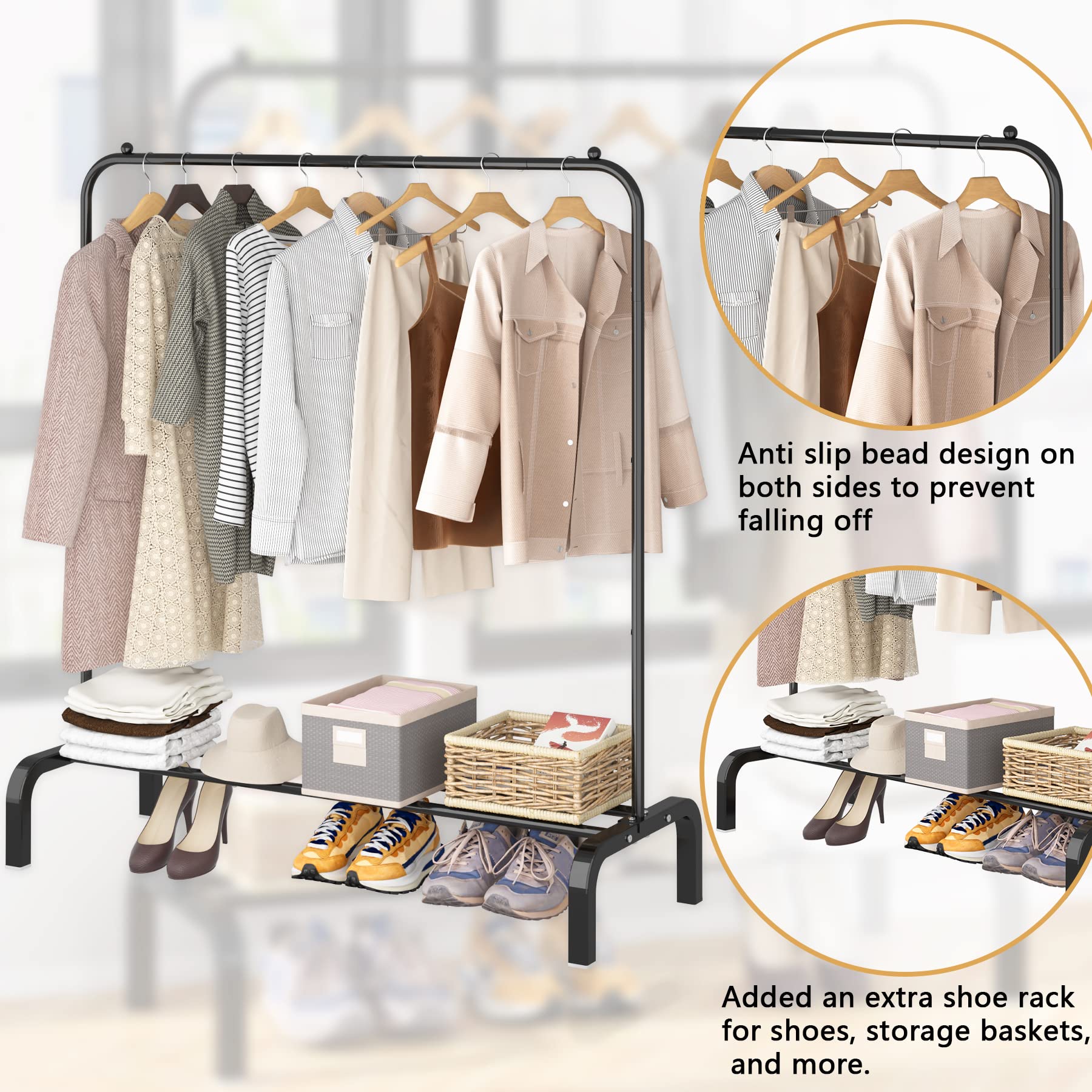 改Clothes Rack Metal Clothing Rack with Bottom Shelf Garment Rack for Hanging Clothes Shirts Jeans and Coats Black