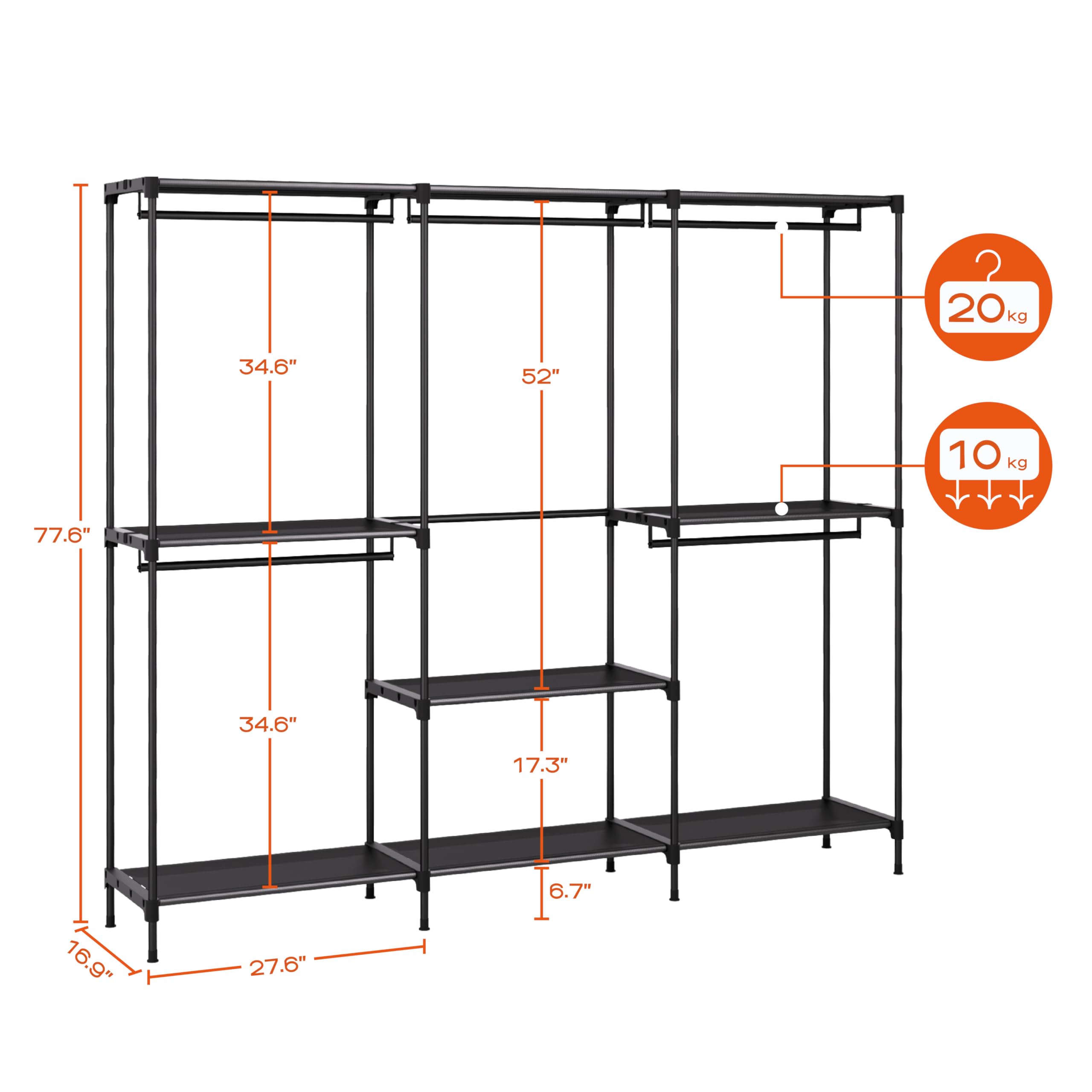 Portable Closet,  Clothes Storage Organizer with Shelves and 5 Hanging Rods, Easy to Assembly