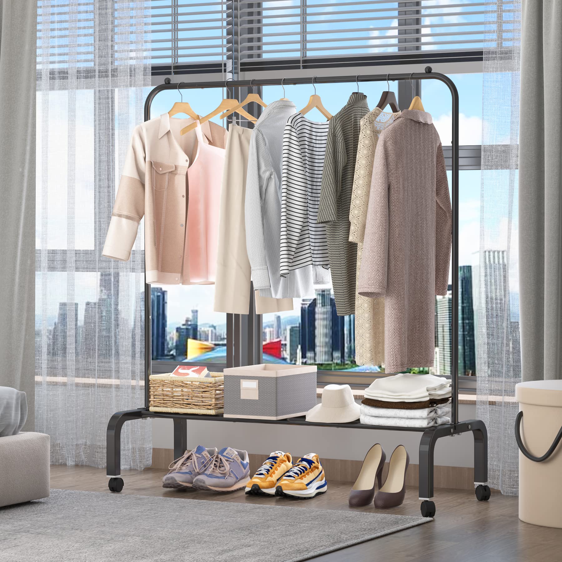 改Clothes Rack Metal Clothing Rack with Bottom Shelf Garment Rack for Hanging Clothes Shirts Jeans and Coats Black