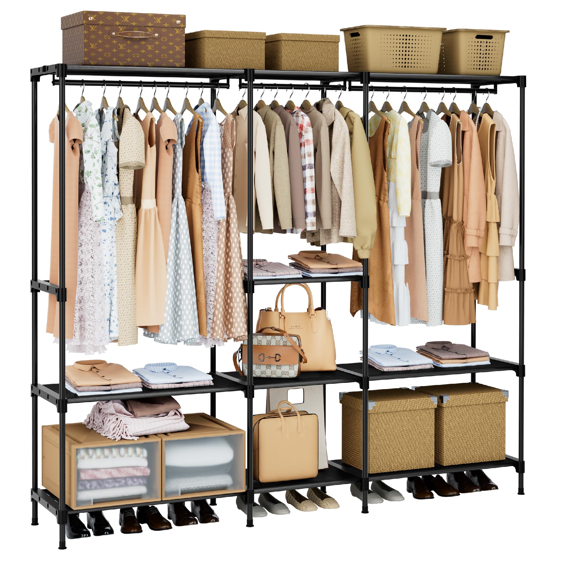 Portable Closet,  Clothes Storage Organizer with Shelves and 5 Hanging Rods, Easy to Assembly