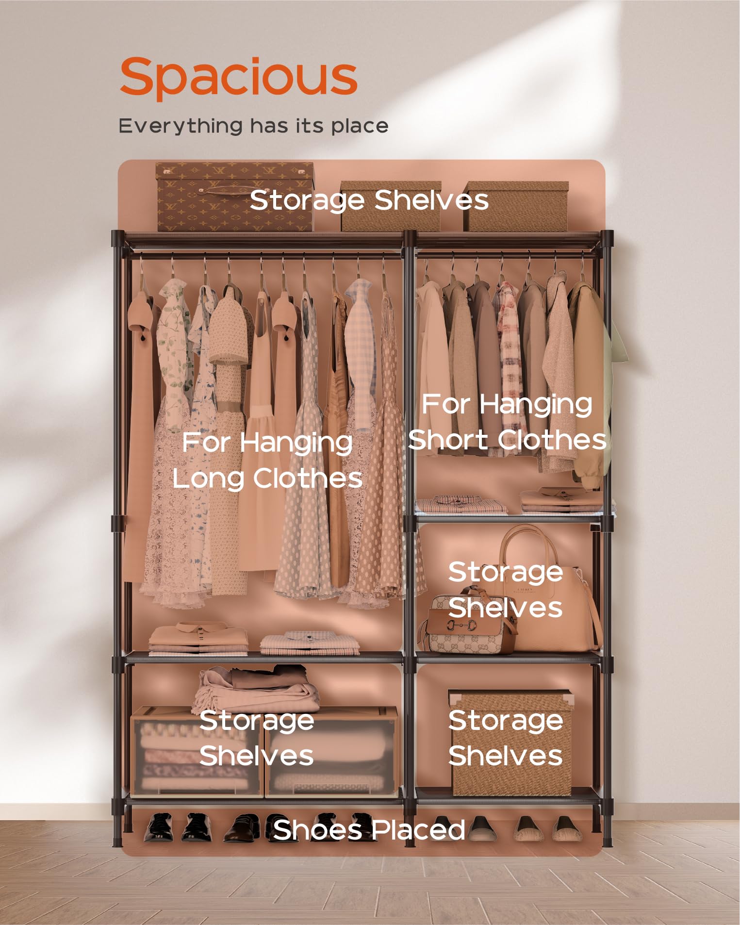 改Clothes Rack, Portable Closet, 80.7 Inch Extra Large Capacity Wardrobe Closet, Clothes Storage Organizer with Shelves and 5 Hanging Rods, Easy to Assembly, Black PCT036B01
