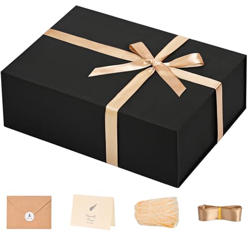 Gift Box 13 x 10 x 5 inch Large Black Gift Box with Magnetic Lids for Christmas Gifts Box Contains Card, Ribbon, Shredded Paper Filler Birthday Gift Packging (1 Pcs)