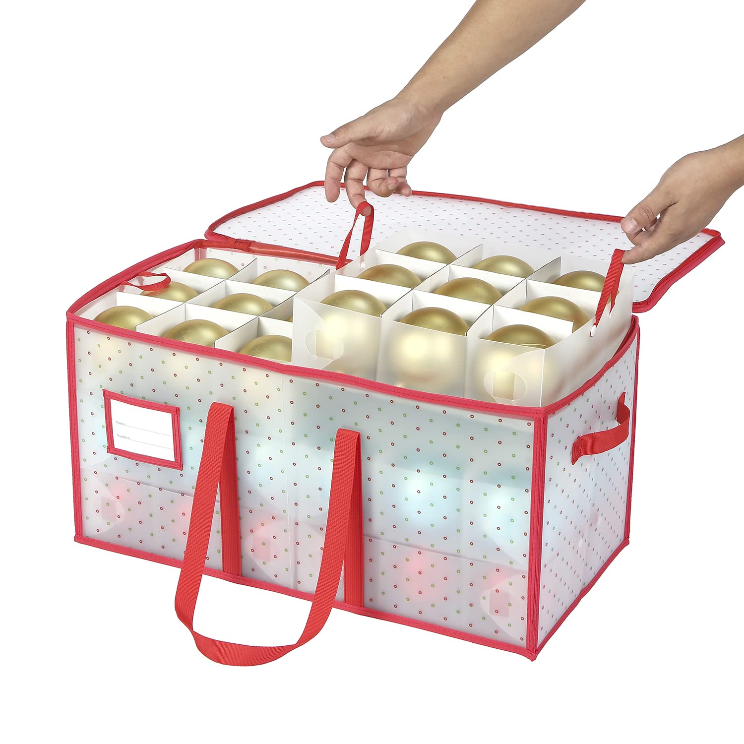 改Sattiyrch Plastic Christmas Ornament Storage Box with Dual Zipper Closure - Box Contributes Slots for 128 Holiday Ornaments 3 Inch - Keeps 128 Xmas Holiday Ornaments (128)