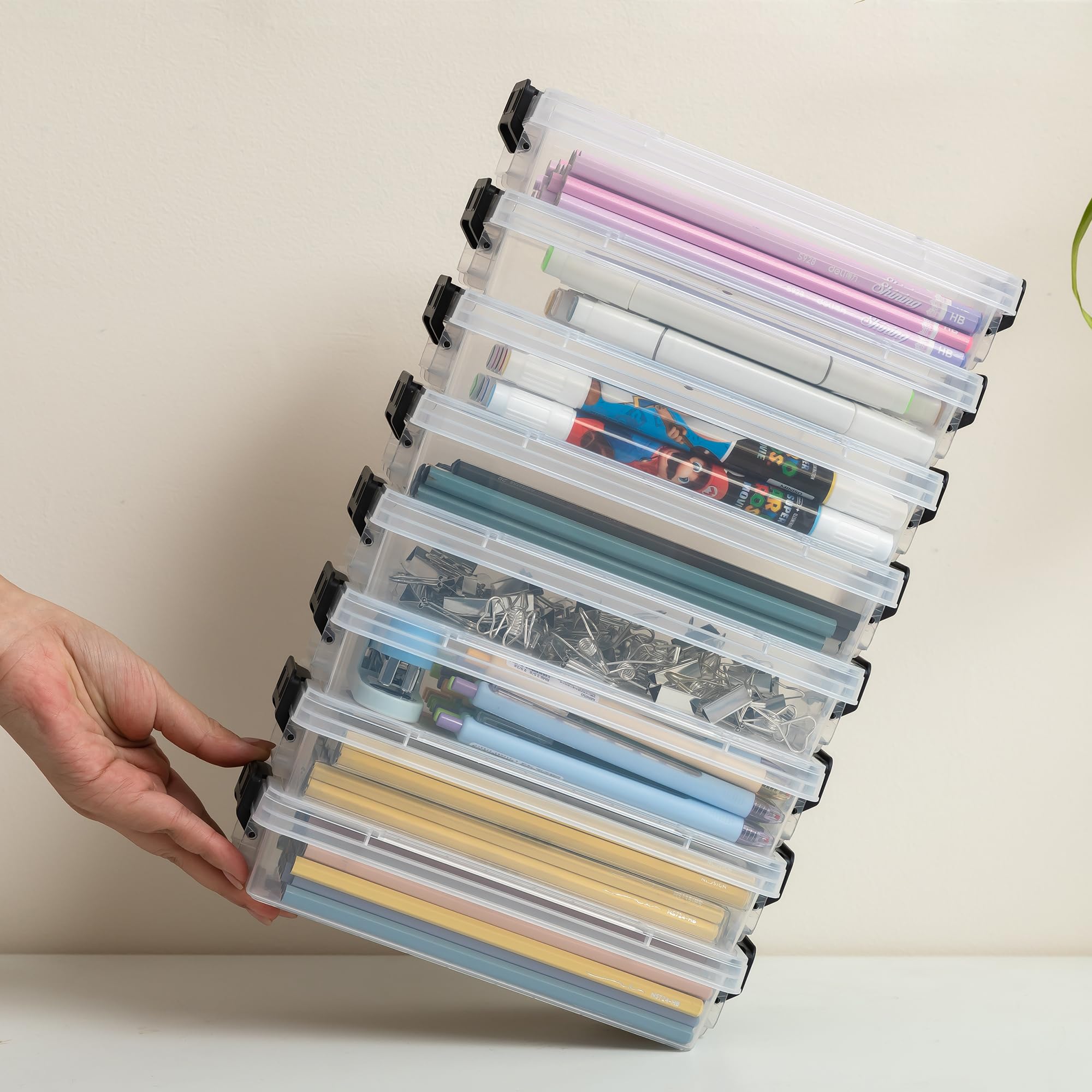 改6 Pack Clear Pencil Case, Large Capacity Clear Pencil Case with Locking Lid Stackable Plastic Organizer for Pens, Pencils, School Supplies, Office Supplies, Pink