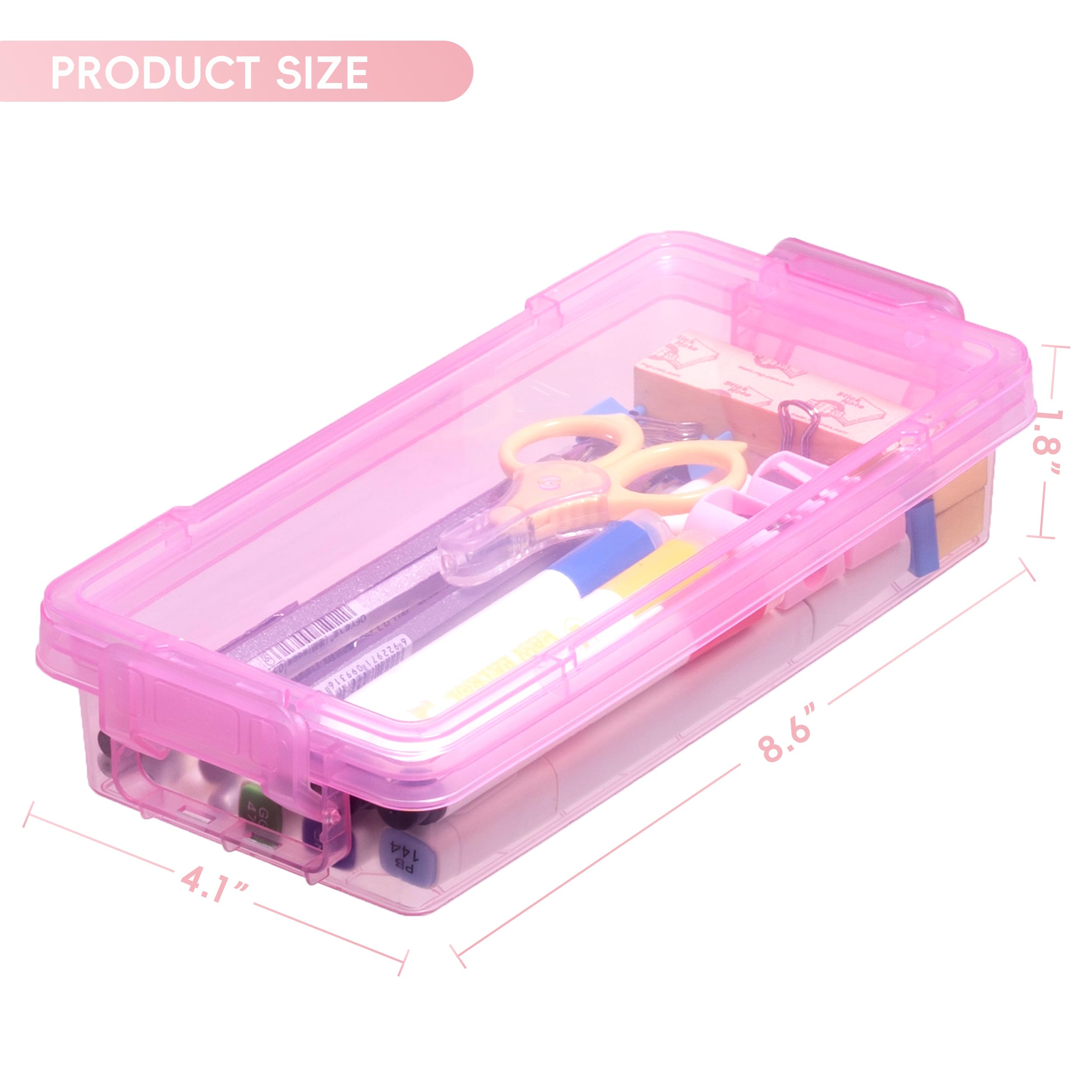 改6 Pack Clear Pencil Case, Large Capacity Clear Pencil Case with Locking Lid Stackable Plastic Organizer for Pens, Pencils, School Supplies, Office Supplies, Pink
