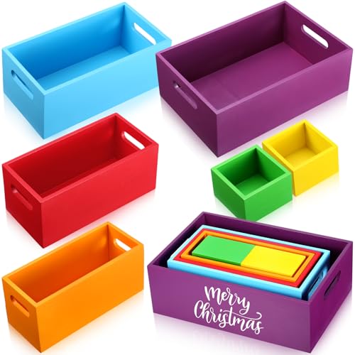 Set of 6 Wood Storage Boxes with Handles Wooden Nesting Crates Rustic Farmhouse Box for Kitchen Bathroom Home Party Table Decoration Storage Boxes