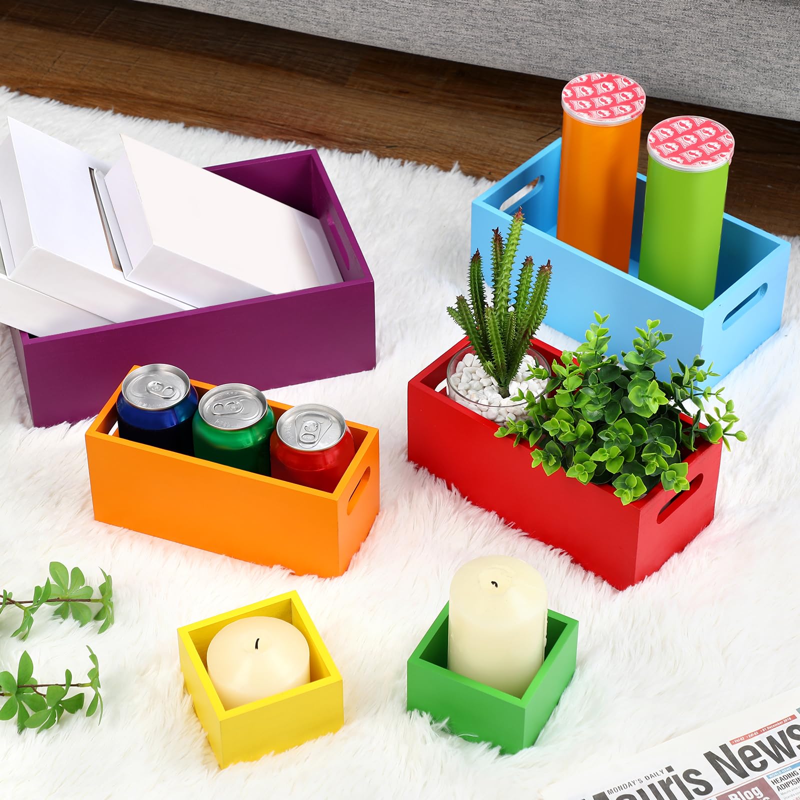Set of 6 Wood Storage Boxes with Handles Wooden Nesting Crates Rustic Farmhouse Box for Kitchen Bathroom Home Party Table Decoration Storage Boxes