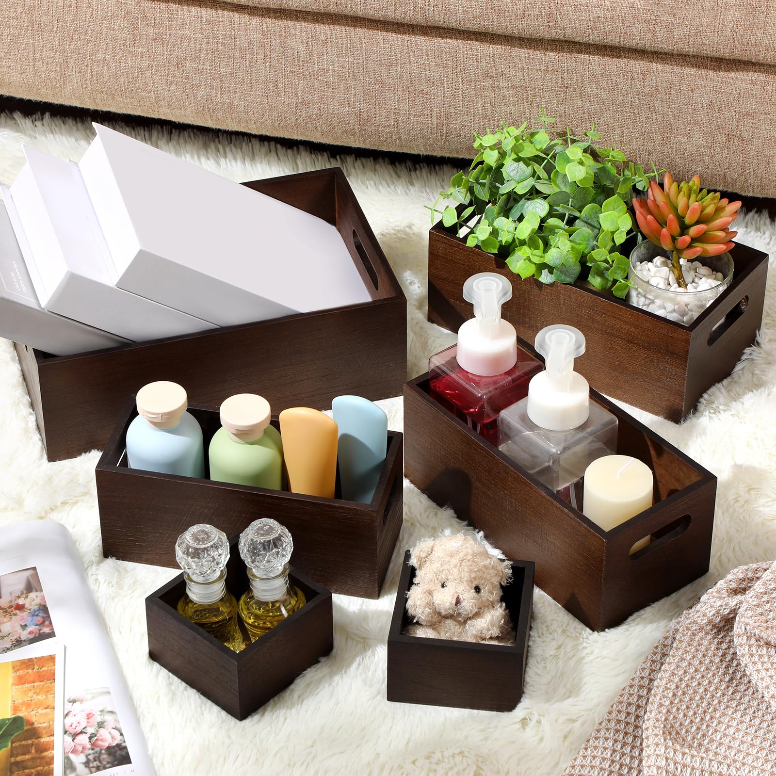 改Set of 6 Wood Storage Boxes with Handles Wooden Nesting Crates Rustic Farmhouse Box for Kitchen Bathroom Home Party Table Decoration Storage Boxes (Black)
