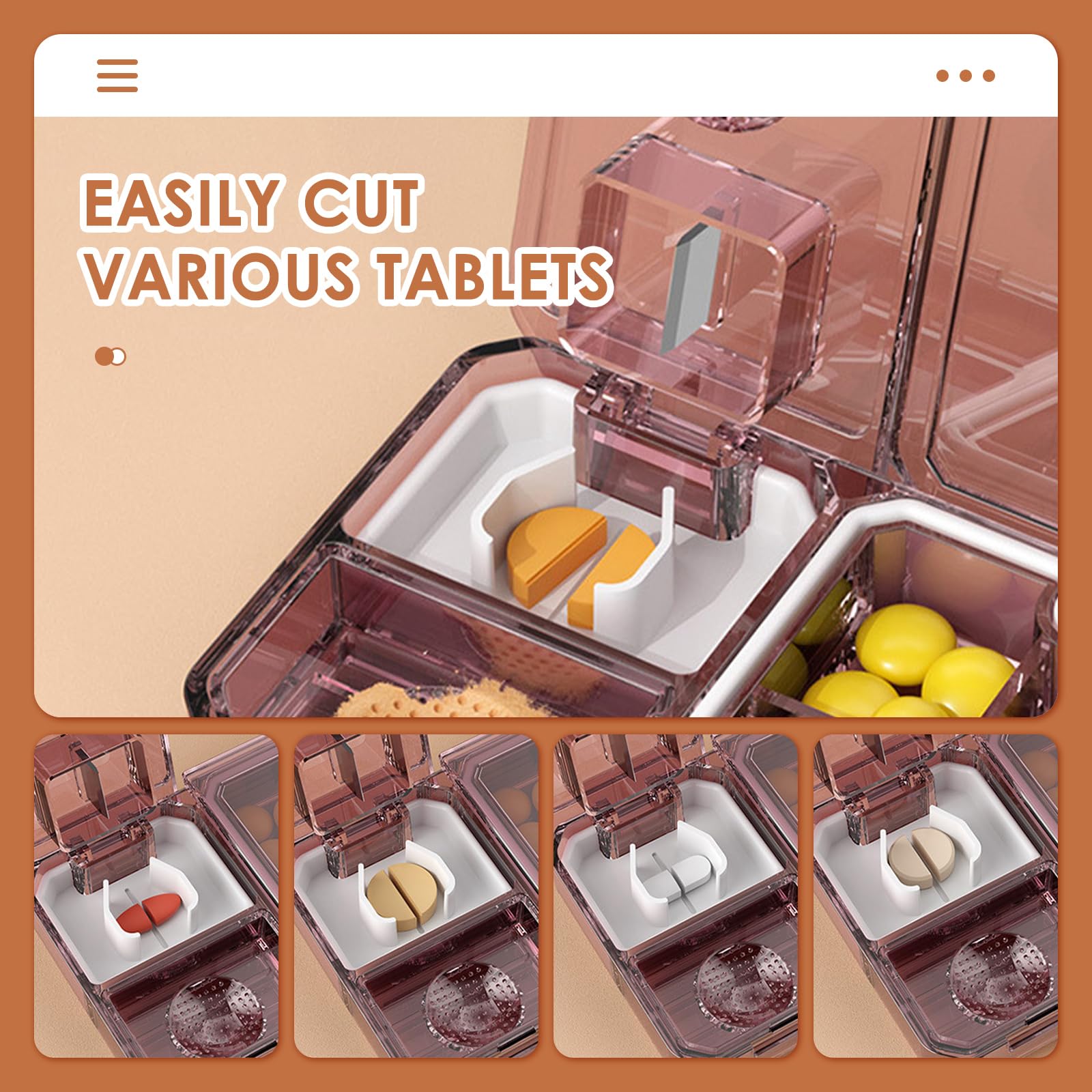 改Daily Pill Box with Cutting and Grinding, Teeloray Travel Pill Box Organiser, BPA Free Pill Case Sealed Moistureproof Portable, Medicine Storage Box for Vitamin/Medication/Tablets/Supplements (Grey)