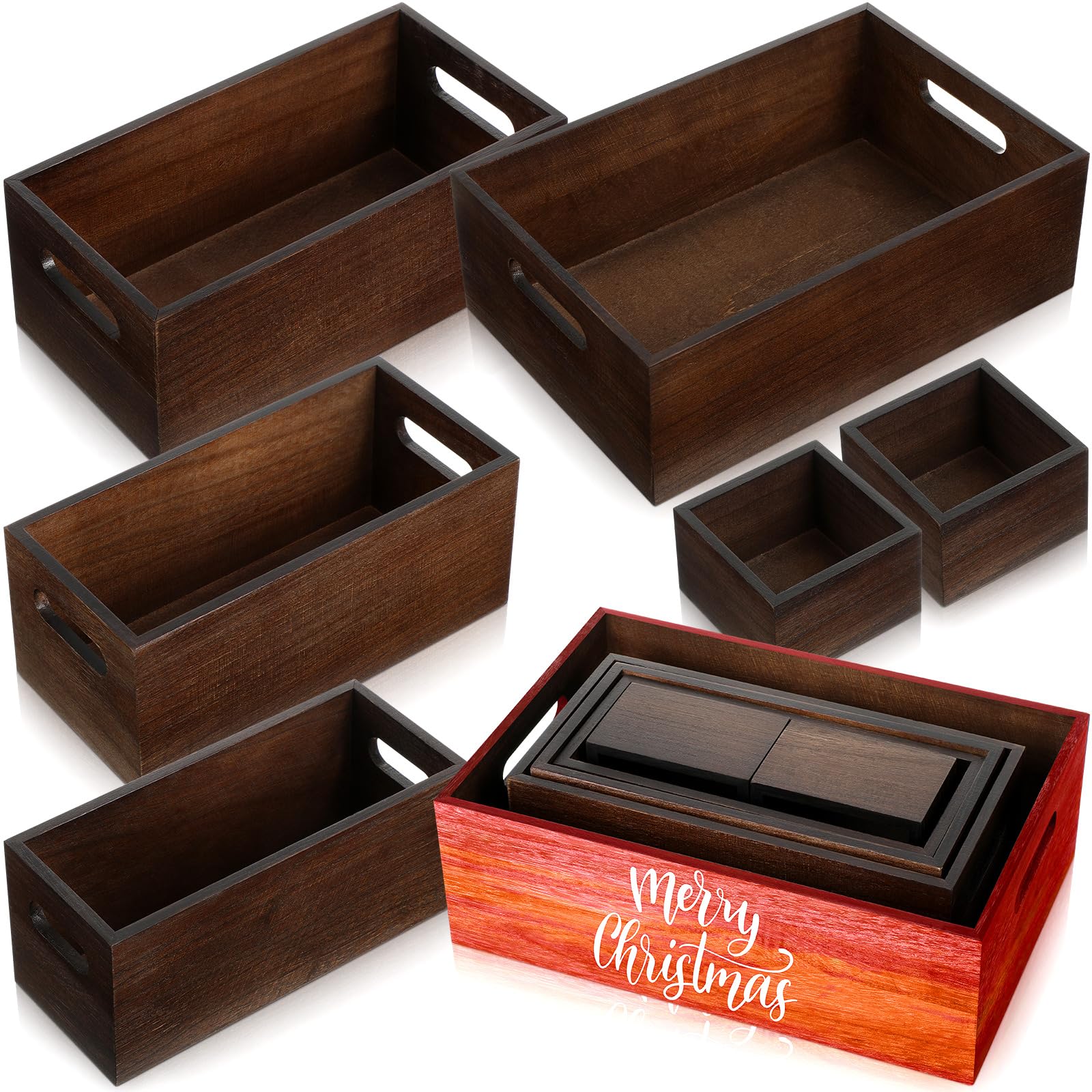 改Set of 6 Wood Storage Boxes with Handles Wooden Nesting Crates Rustic Farmhouse Box for Kitchen Bathroom Home Party Table Decoration Storage Boxes (Black)