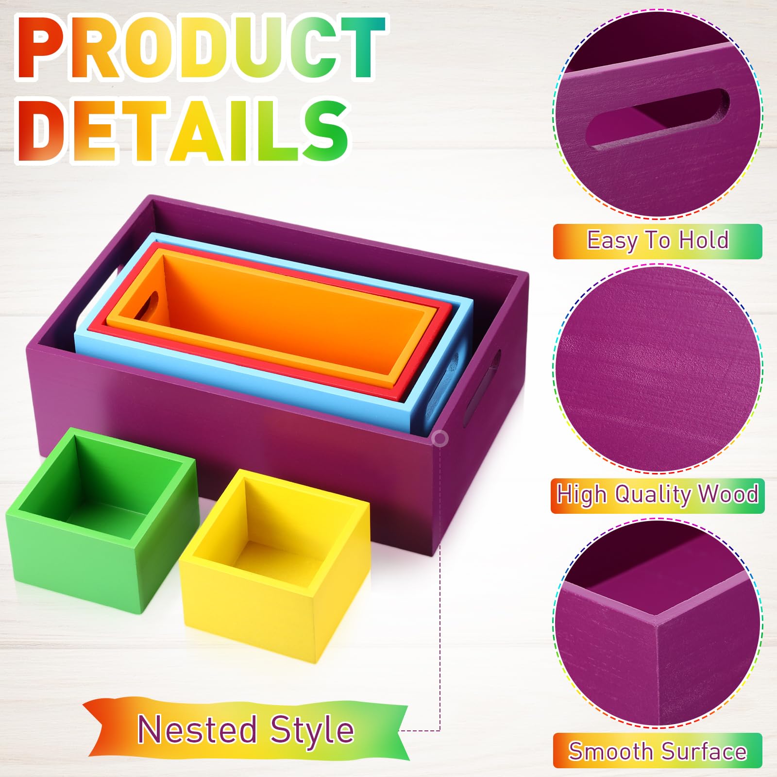 Set of 6 Wood Storage Boxes with Handles Wooden Nesting Crates Rustic Farmhouse Box for Kitchen Bathroom Home Party Table Decoration Storage Boxes