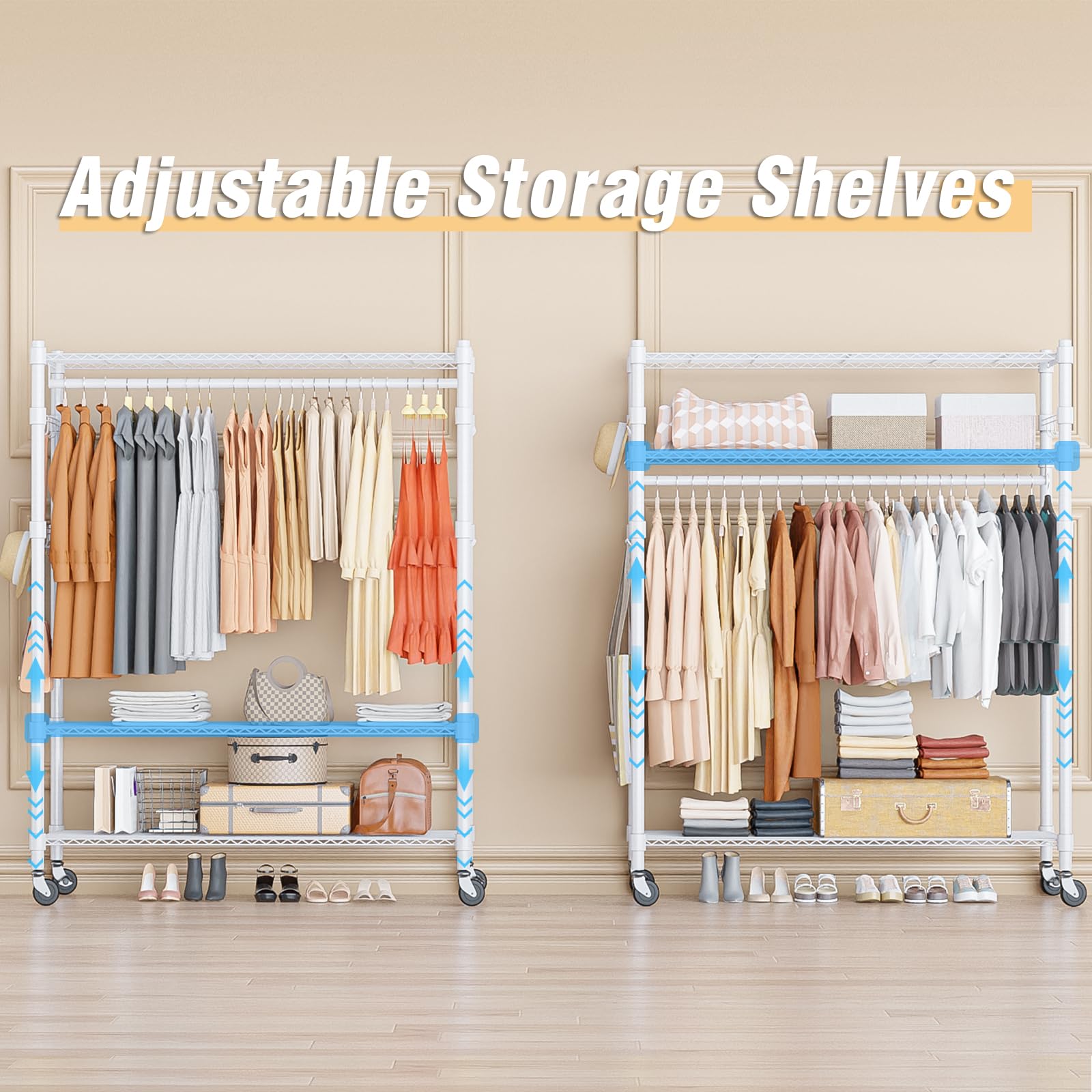 Heavy Duty Clothing Rack with 3 Tier Adjustable Wire Shelves, Garment Racks for Hanging Clothes, Double Rods Clothing Rack, Freestanding Closet Wardrobe with Side Hooks