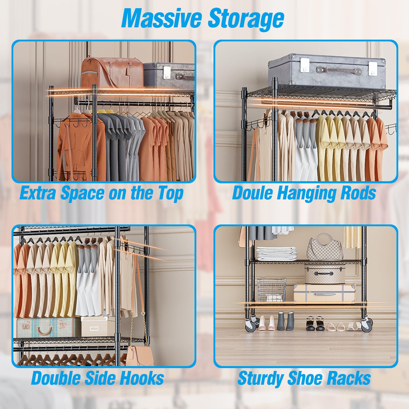 改Homdox Heavy Duty Clothing Rack with 3 Tier Adjustable Wire Shelves, Garment Racks for Hanging Clothes, Double Rods Clothing Rack, Freestanding Closet Wardrobe with Side Hooks, Black