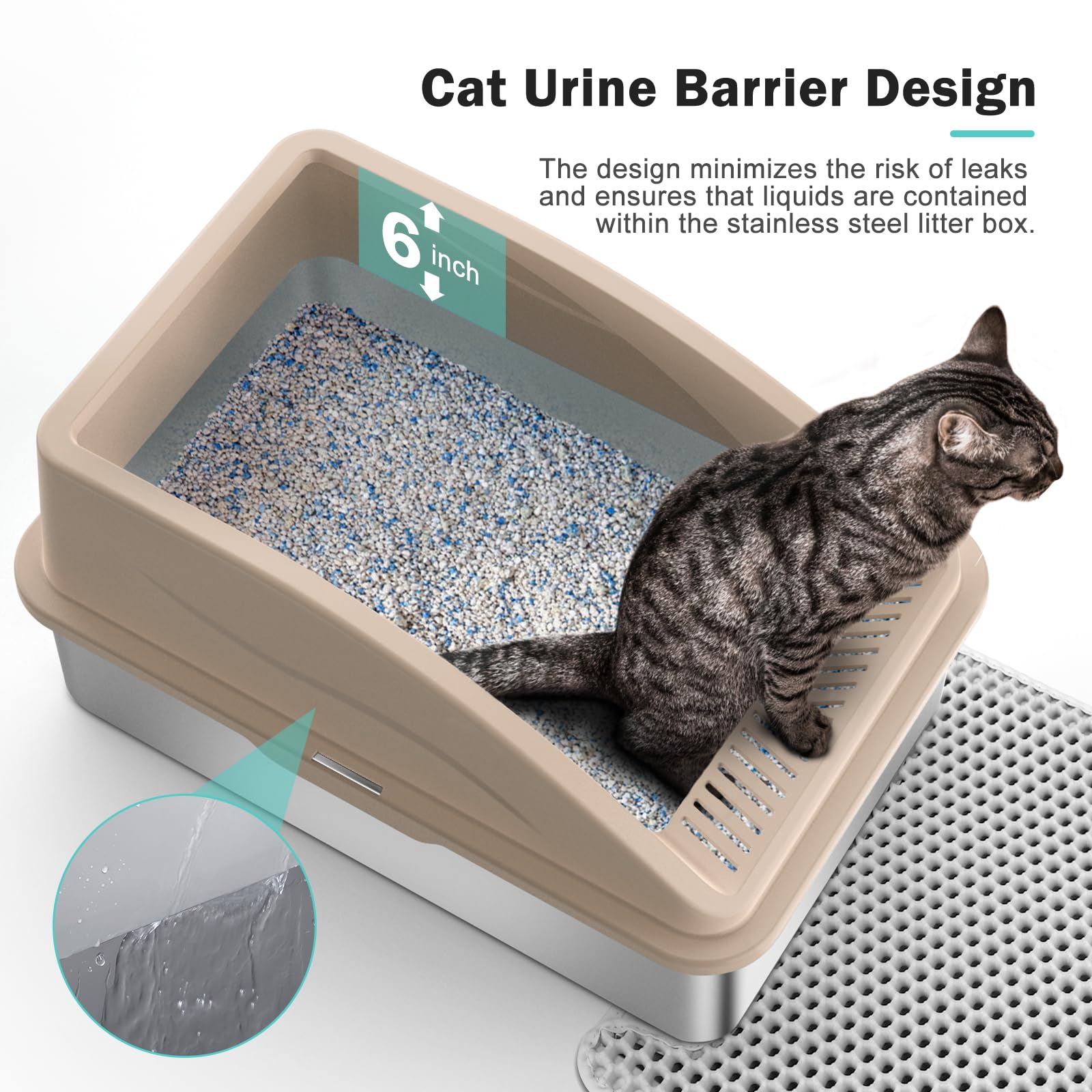 Stainless Steel Litter Box | XL Enclosed Cat Litter Box with Lid for Big Cats | High Sided, Anti-Urine Leakage | Non-Stick Bottom & Includes Litter Mat & Metal Scoop