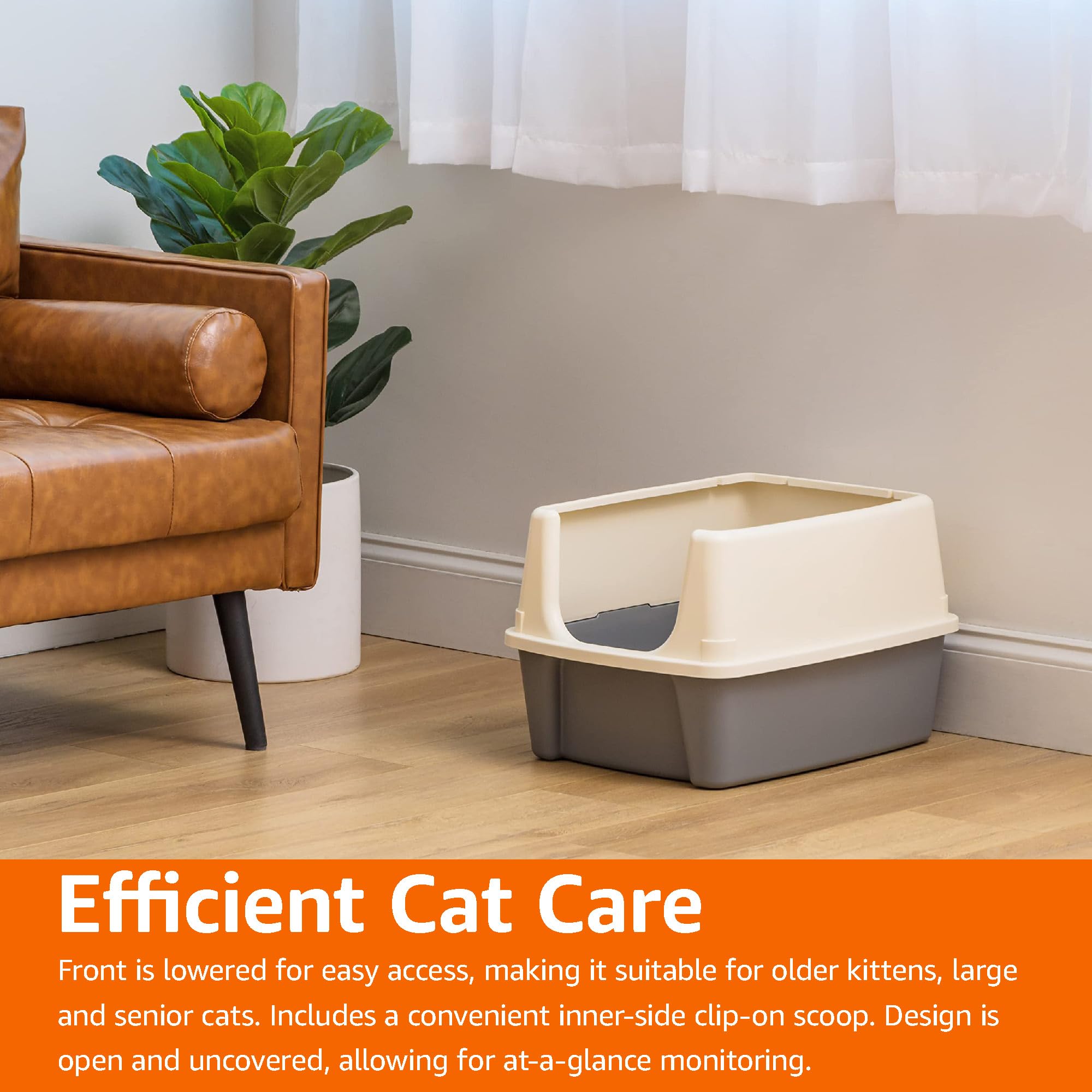 Large Cat Litter Box with High Sides, Open Top, Includes Scoop, 19 x 15 x 11.75 inches, Grey/Beige
