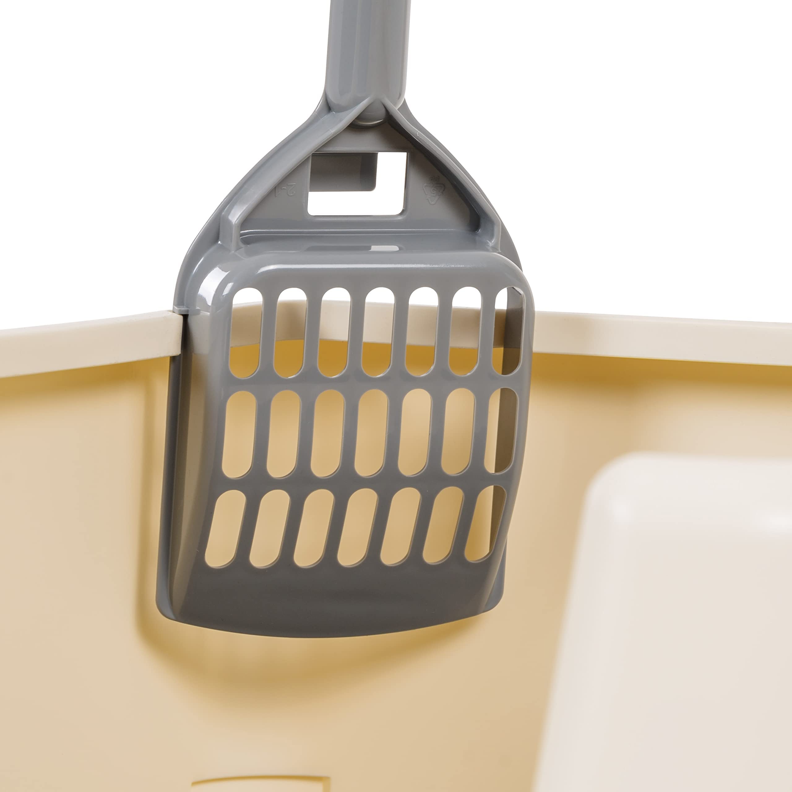 Large Cat Litter Box with High Sides, Open Top, Includes Scoop, 19 x 15 x 11.75 inches, Grey/Beige