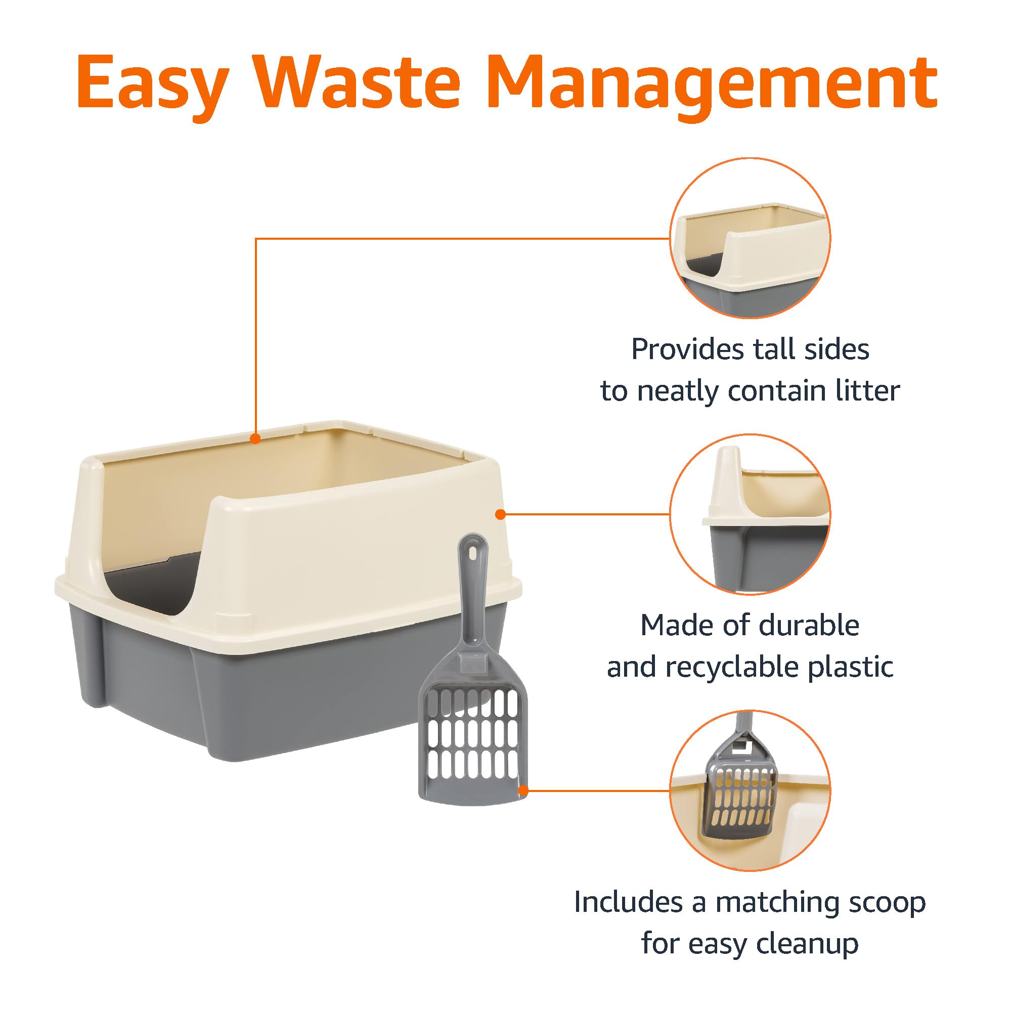 Large Cat Litter Box with High Sides, Open Top, Includes Scoop, 19 x 15 x 11.75 inches, Grey/Beige