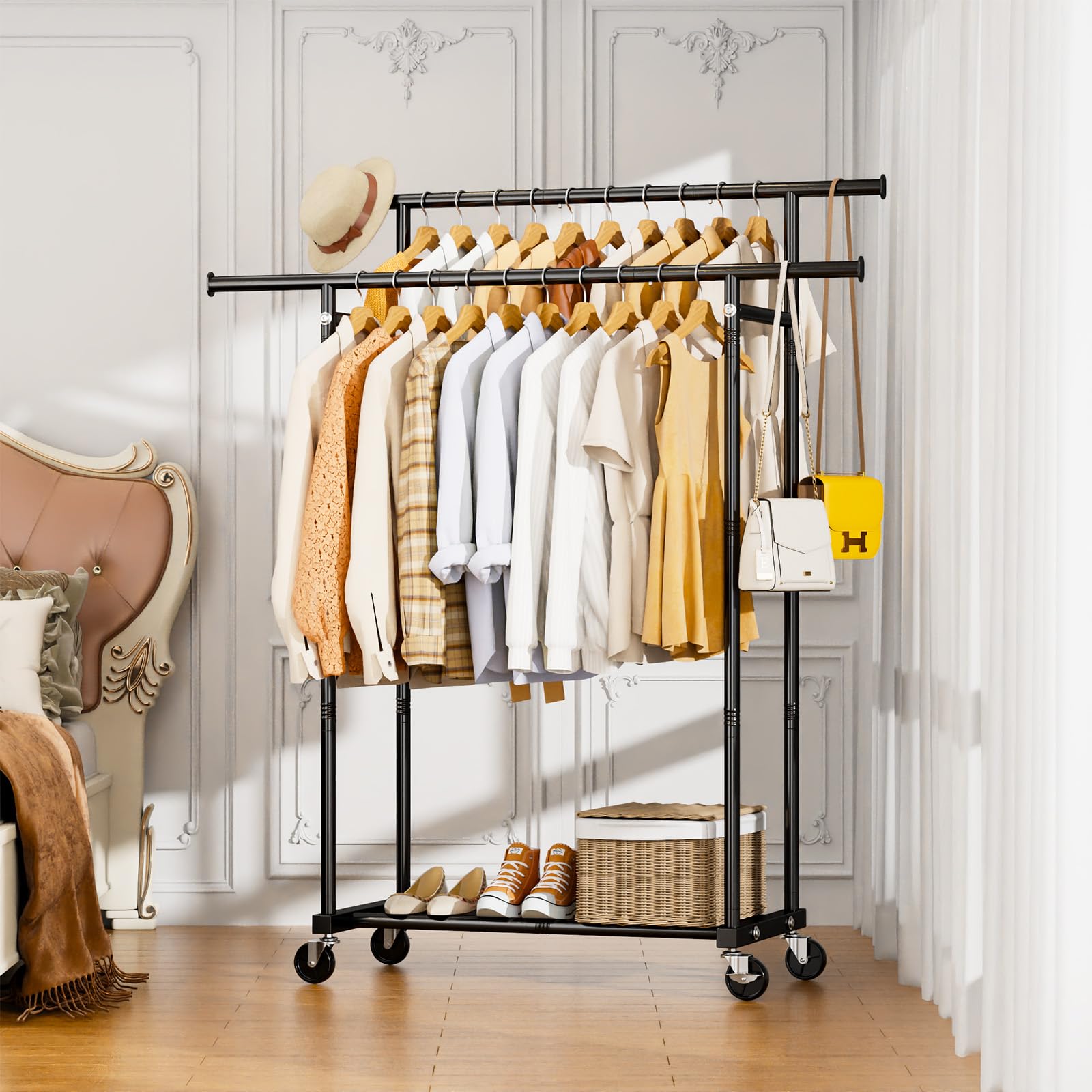 Portable Clothing Racks for Hanging Clothes - Metal Garment Rack Wardrobe Coat Rack for Bedroom Laundry Living Room