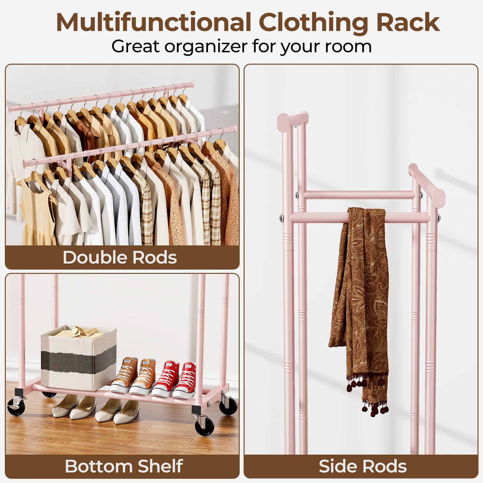 改Double Rods Clothes Rack, Sturdy Rolling Clothing Rack, Portable Clothing Racks for Hanging Clothes - Metal Garment Rack Wardrobe Coat Rack for Bedroom Laundry Living Room, Black