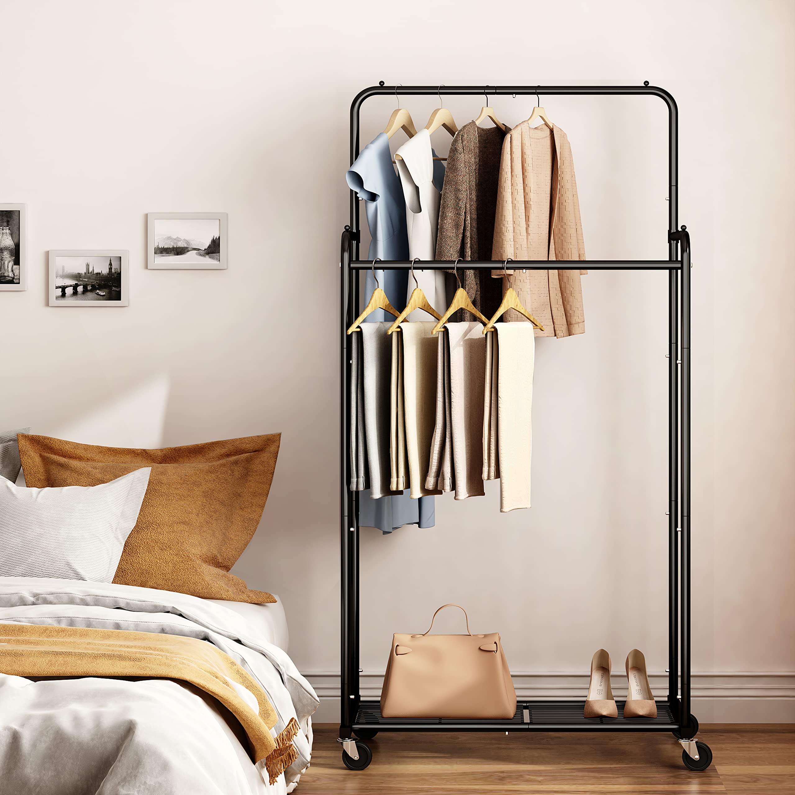 改Simple Trending Double Rod Clothes Garment Rack, Heavy Duty Clothing Rolling Rack on Wheels for Hanging Clothes,with 4 Hooks, Gold