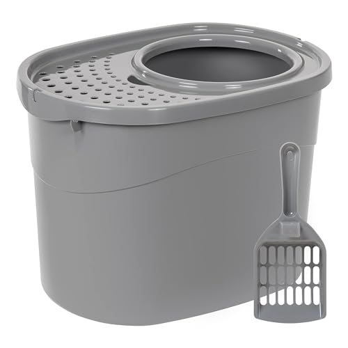 Large Cat Litter Box with High Sides, Open Top, Includes Scoop, 19 x 15 x 11.75 inches, Grey/Beige