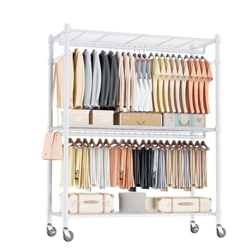 Heavy Duty Clothing Rack with 3 Tier Adjustable Wire Shelves, Garment Racks for Hanging Clothes, Double Rods Clothing Rack, Freestanding Closet Wardrobe with Side Hooks