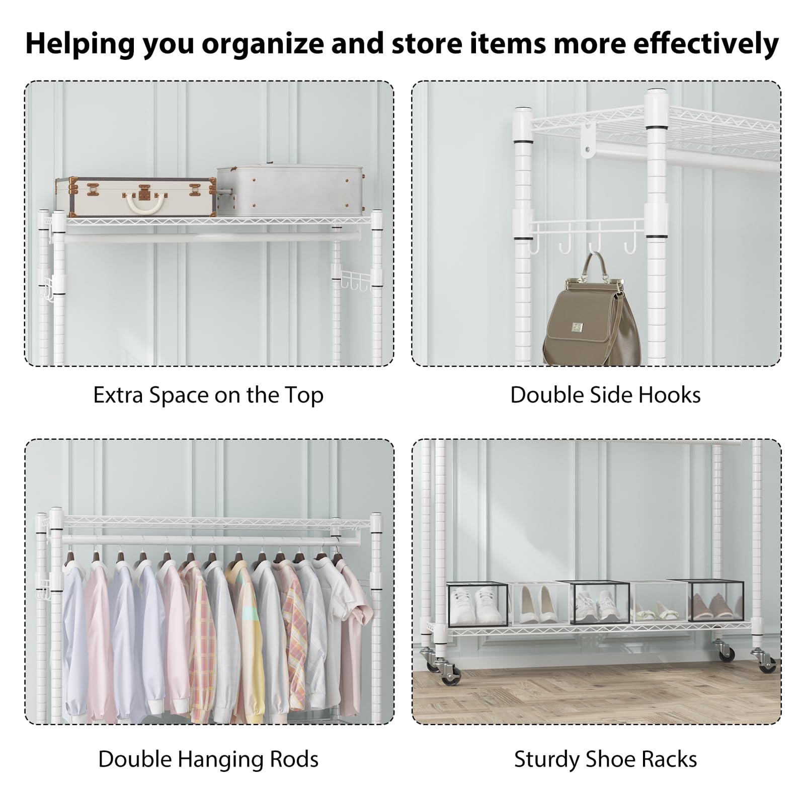Heavy Duty Clothing Rack with 3 Tier Adjustable Wire Shelves, Garment Racks for Hanging Clothes, Double Rods Clothing Rack, Freestanding Closet Wardrobe with Side Hooks